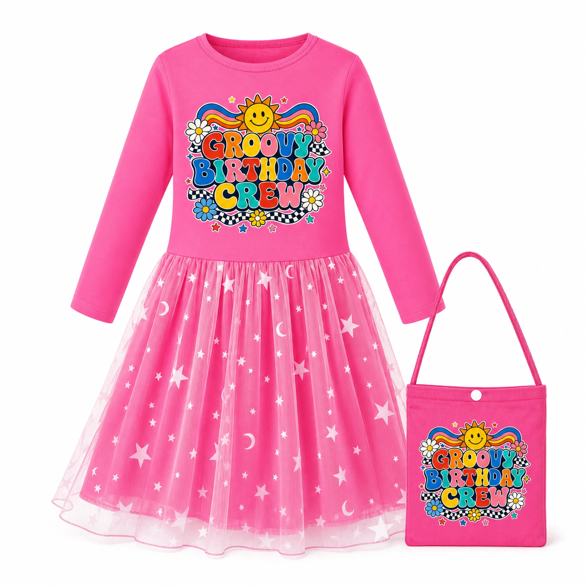 Groovy Birthday Crew Girls Long Tulle and Star Skirt Styles with Bag for Kids product preview