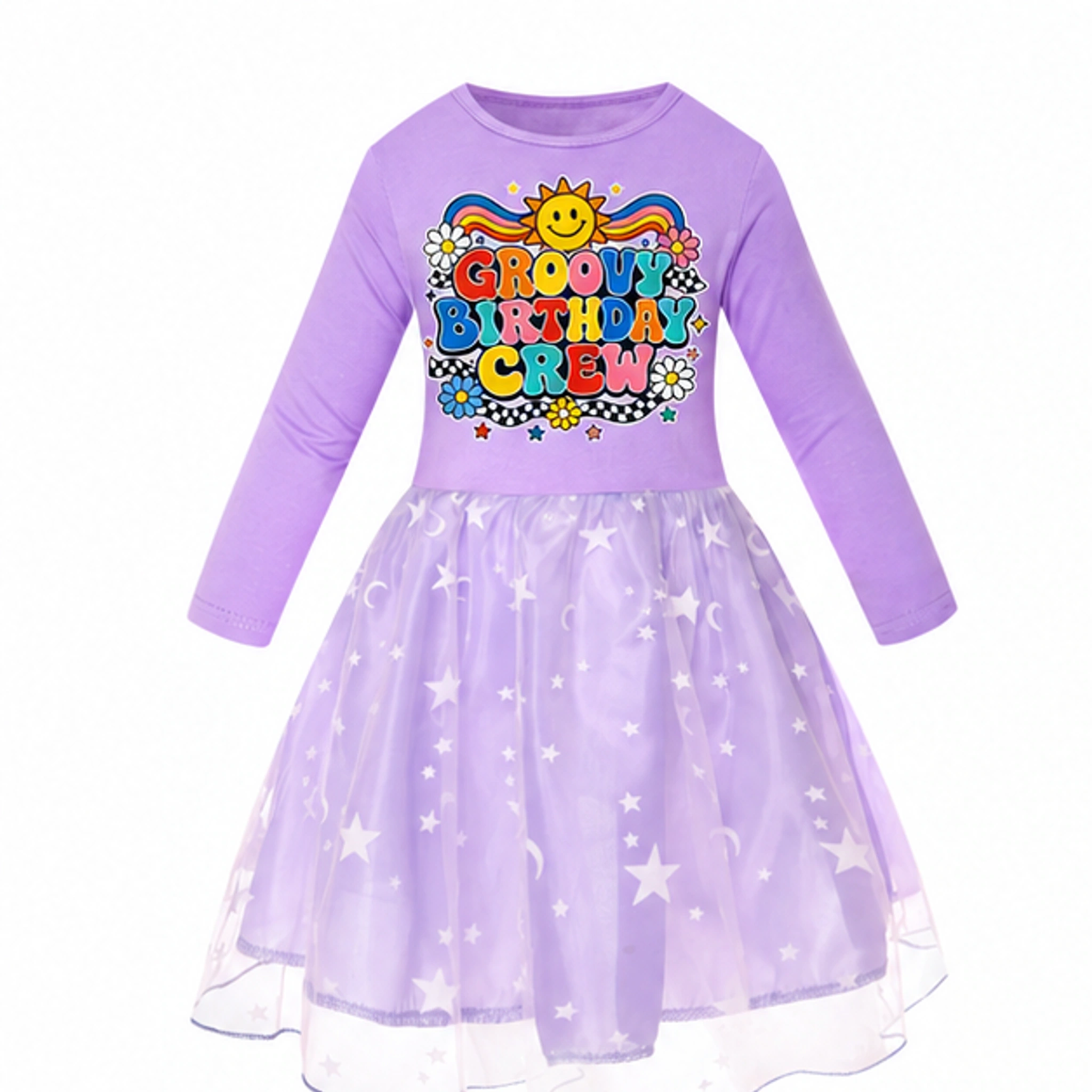 Groovy Birthday Crew Girls Long Tulle and Star Skirt Styles for Kids in the selected color