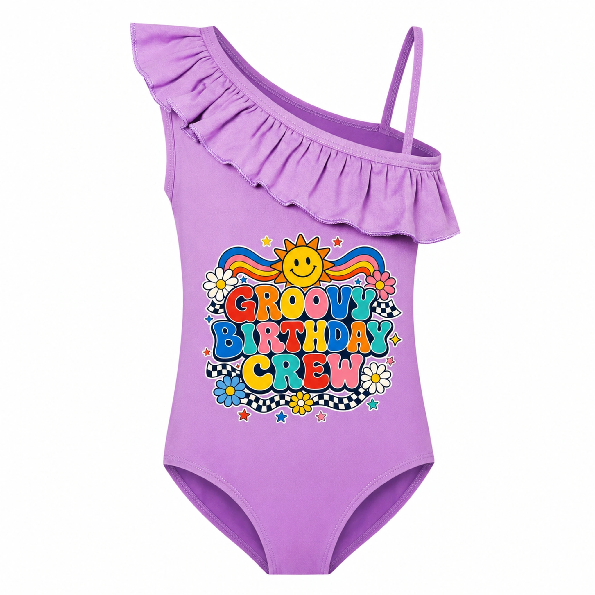Groovy Birthday Crew Girls Asymmetric-Ruffle One-Piece Swimsuit for Kids product preview