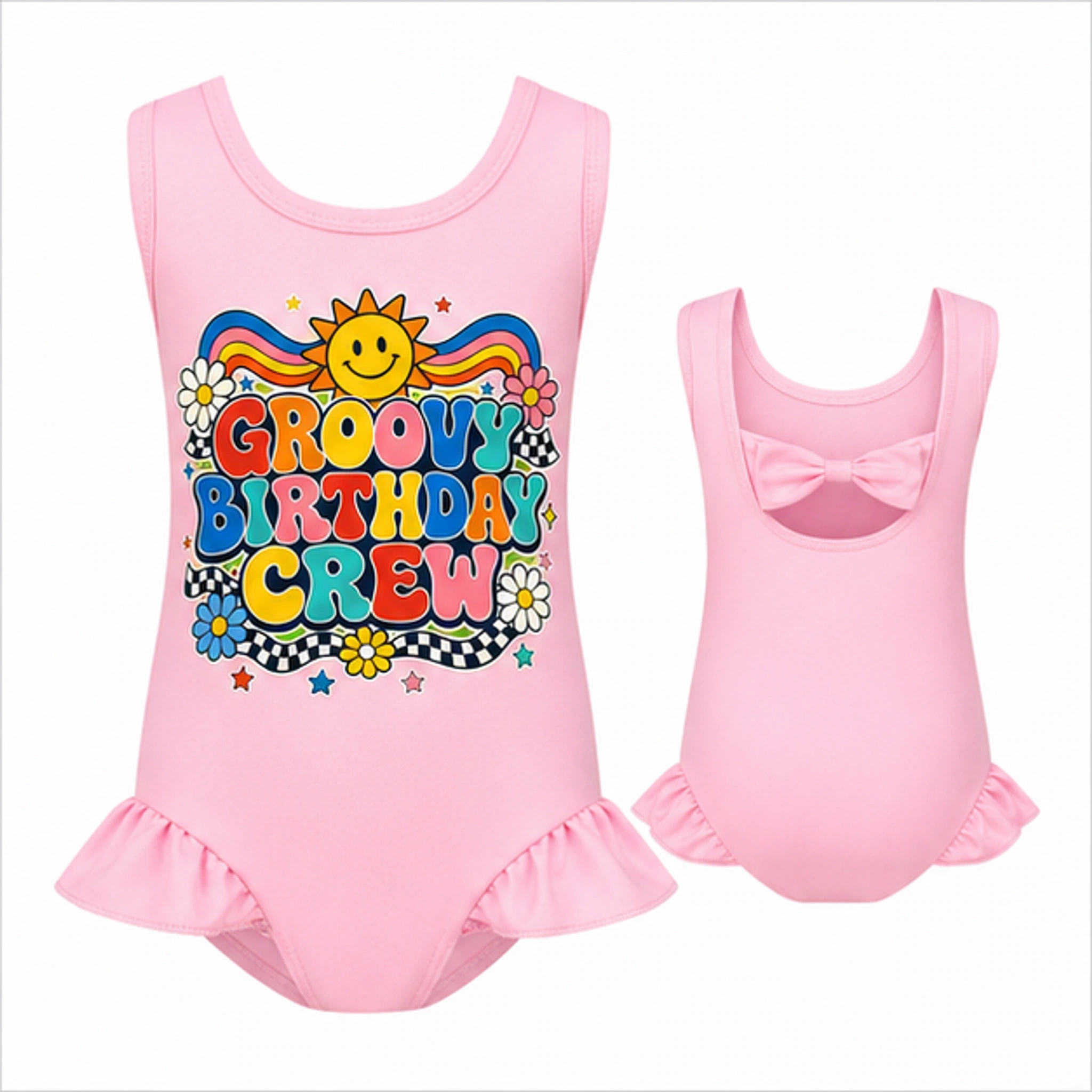 Groovy Birthday Crew Girls Wide-Strap Bow-Back One-Piece Swimsuit for Kids in the selected color