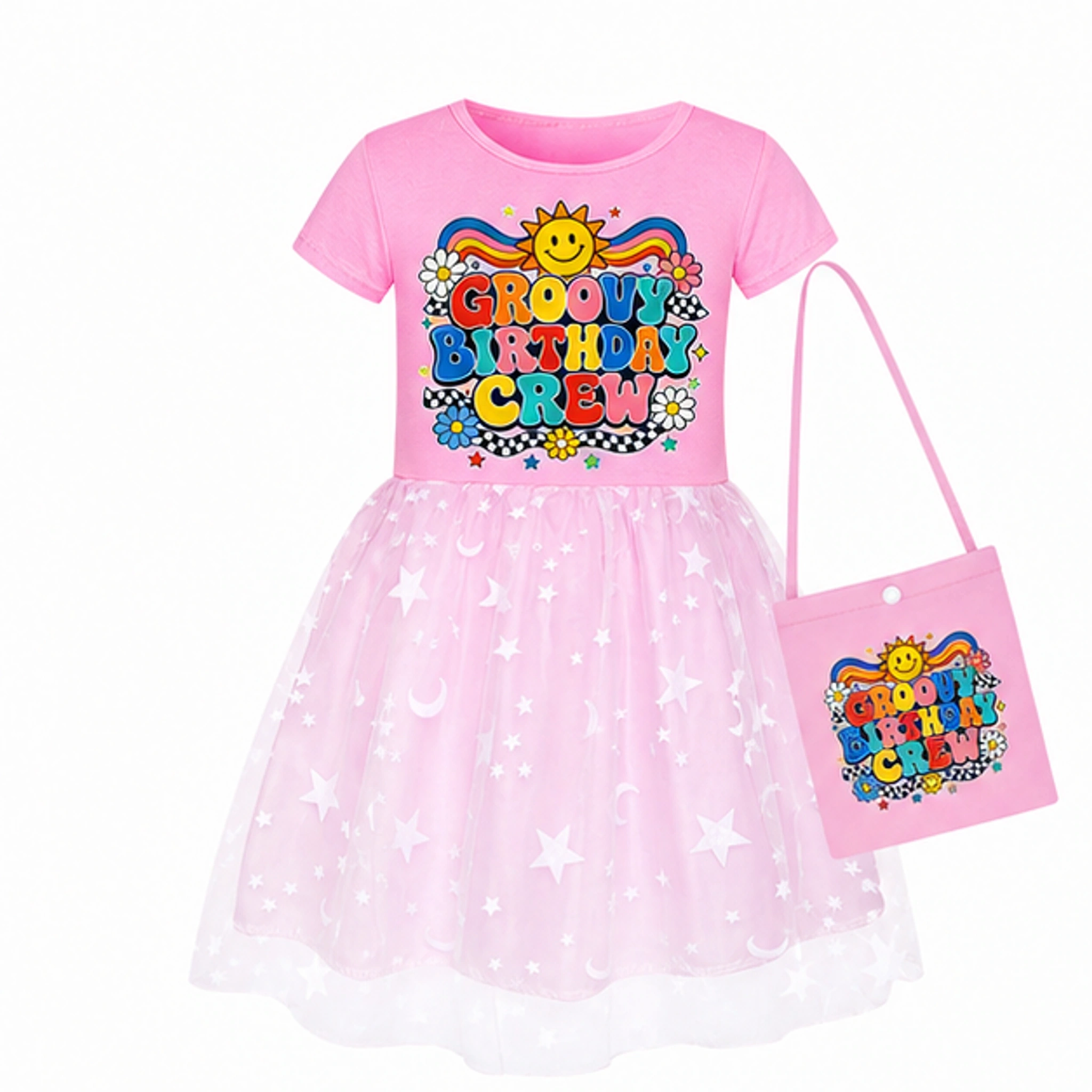 Groovy Birthday Crew Girls Short Skirt Styles with Bag for Kids in the selected color