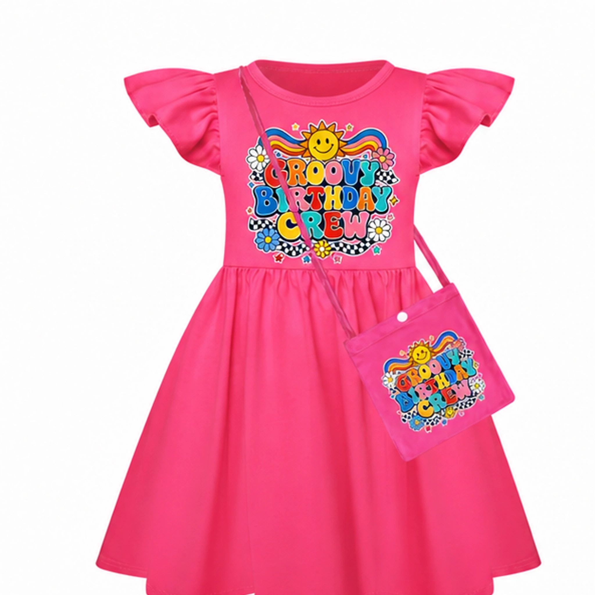 Groovy Birthday Crew Girls Short-Sleeve Sleep Dress with Crossbody Bag for Kids in the selected color
