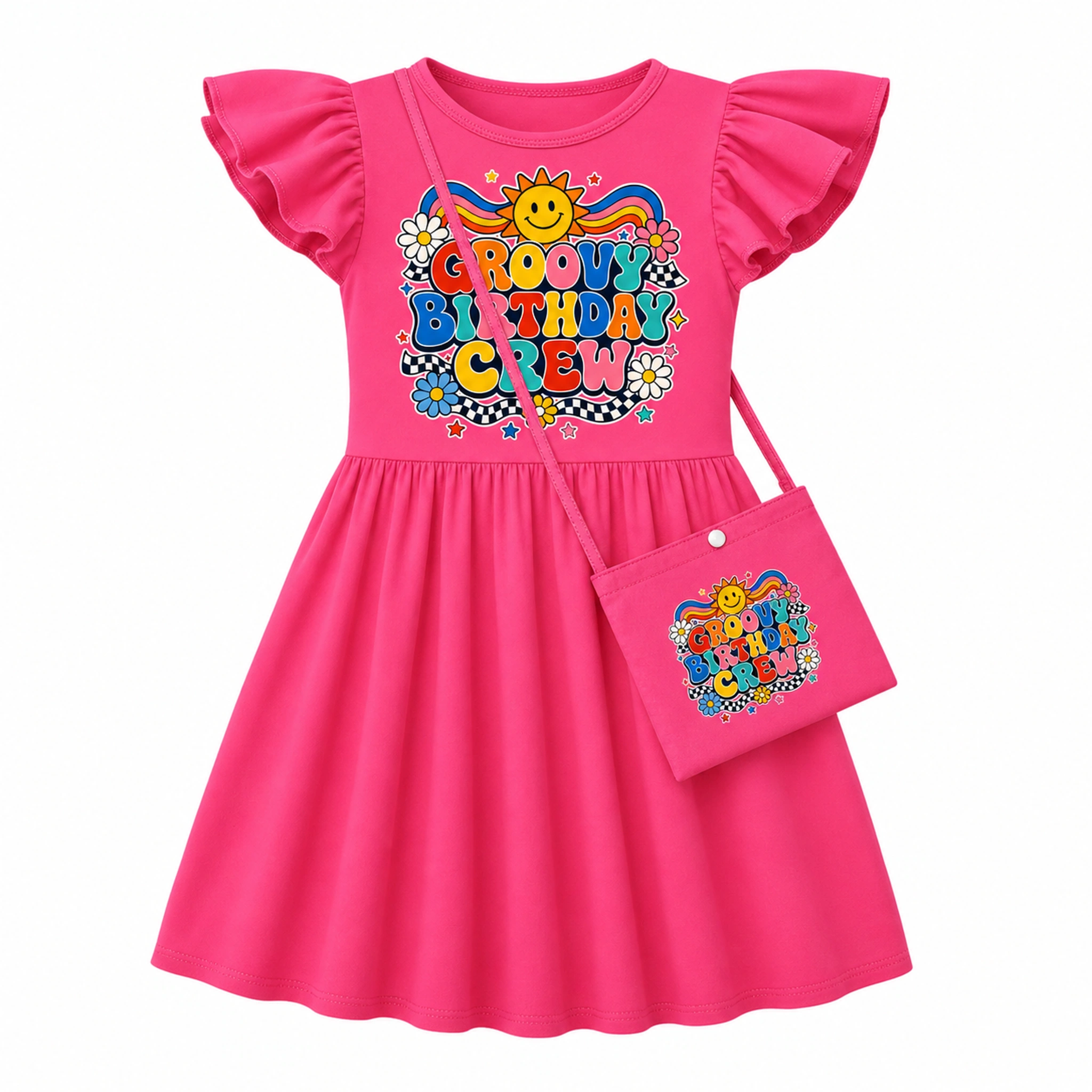 Groovy Birthday Crew Girls Short-Sleeve Sleep Dress with Crossbody Bag for Kids product preview