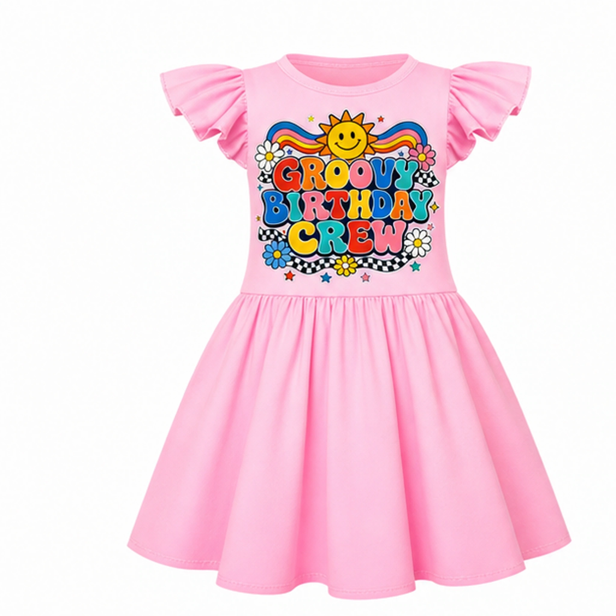Groovy Birthday Crew Girls Short-Sleeve Sleep Dress with Matching Bag for Kids in the selected color