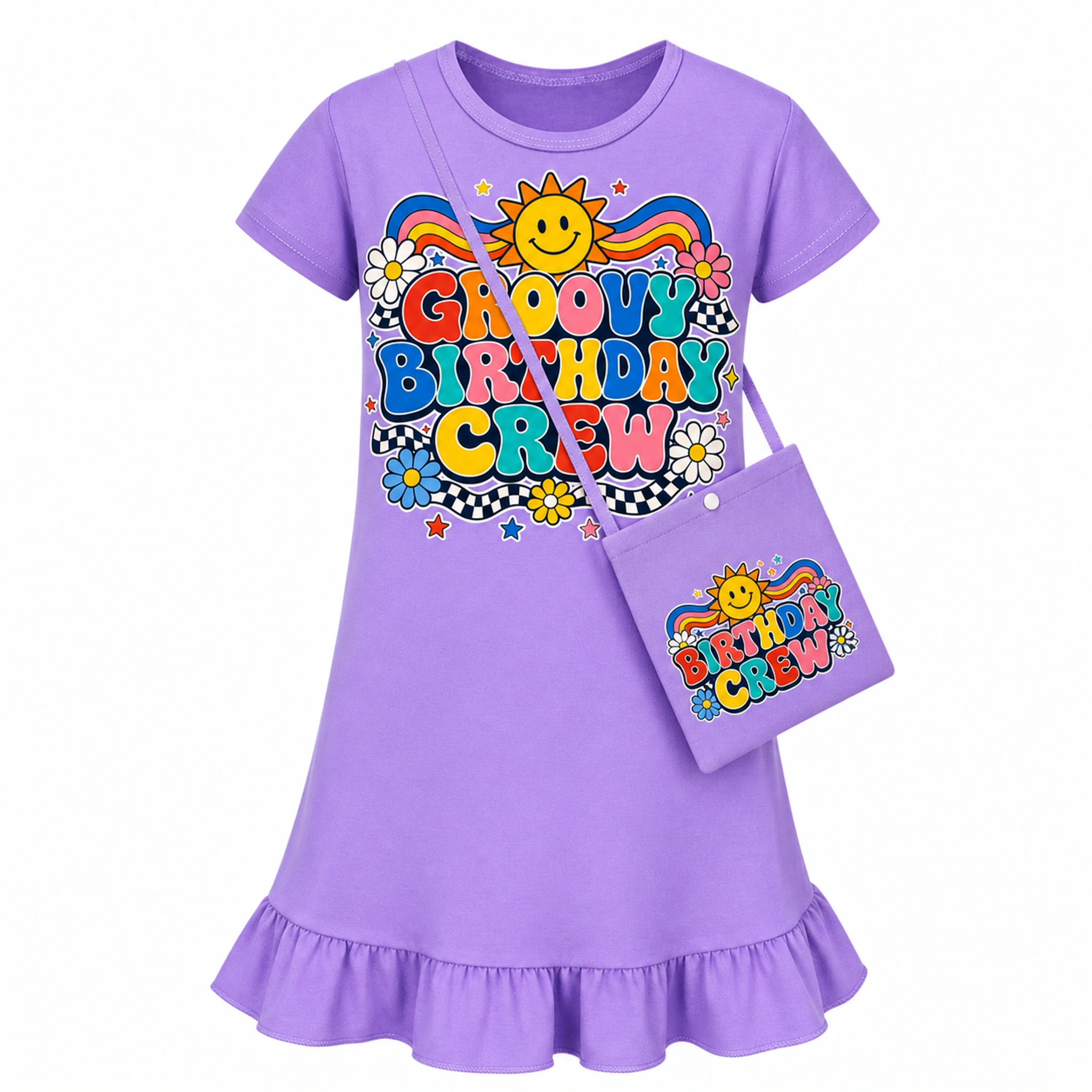 Groovy Birthday Crew Girls Short-Sleeve Sleep Dress with Matching Bag for Kids product preview