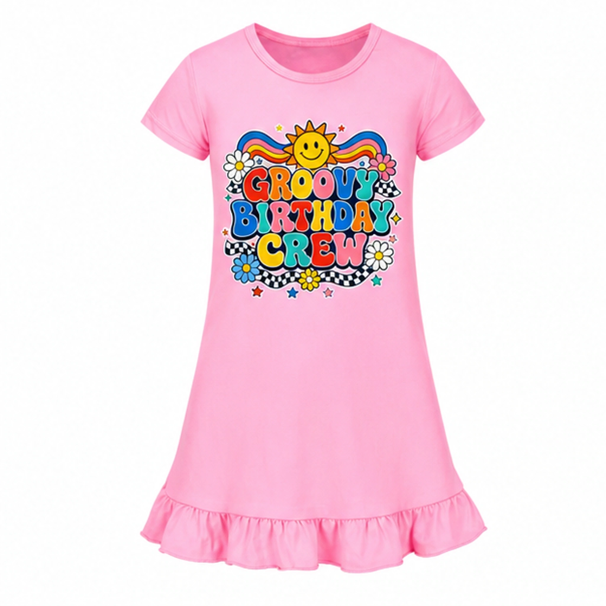 Groovy Birthday Crew Girls Short-Sleeve Sleep Dress for Kids in the selected color