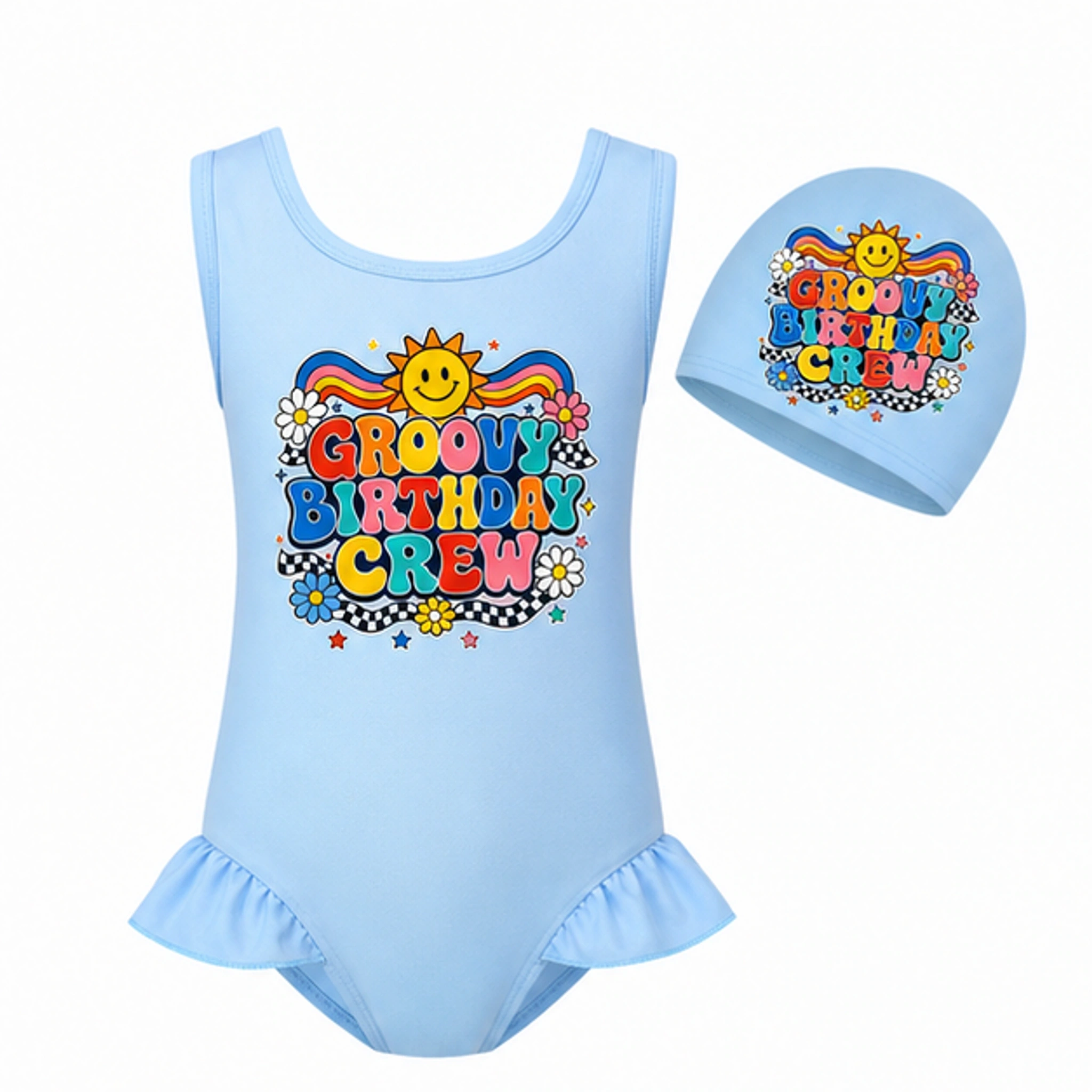 Groovy Birthday Crew Girls Wide-Strap Swimsuit and Cap Set for Kids in the selected color