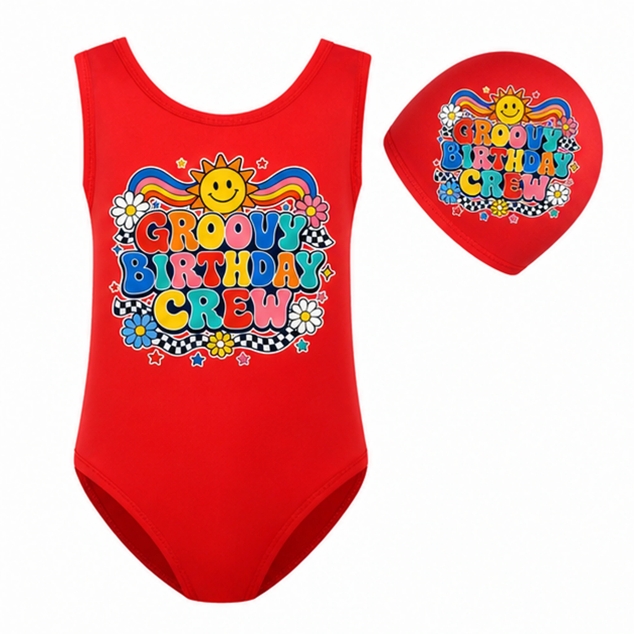 Groovy Birthday Crew Girls Classic Swimsuit and Cap Set for Kids in the selected color