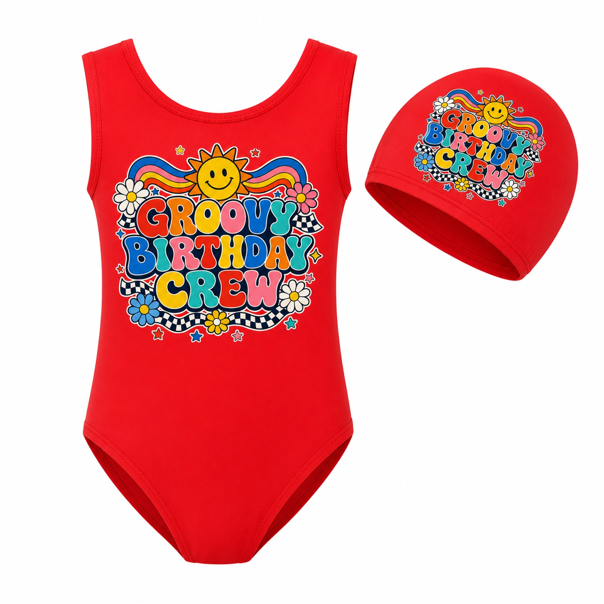 Groovy Birthday Crew Girls Classic Swimsuit and Cap Set for Kids product preview