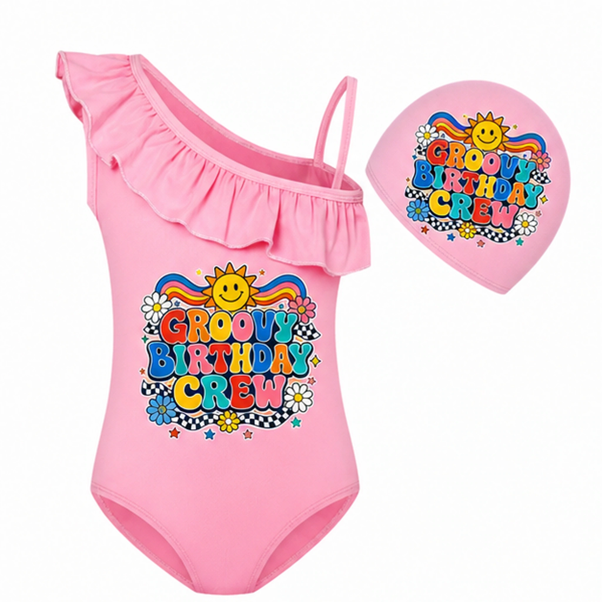 Groovy Birthday Crew Girls Asymmetric-Ruffle Swimsuit and Cap Set for Kids in the selected color
