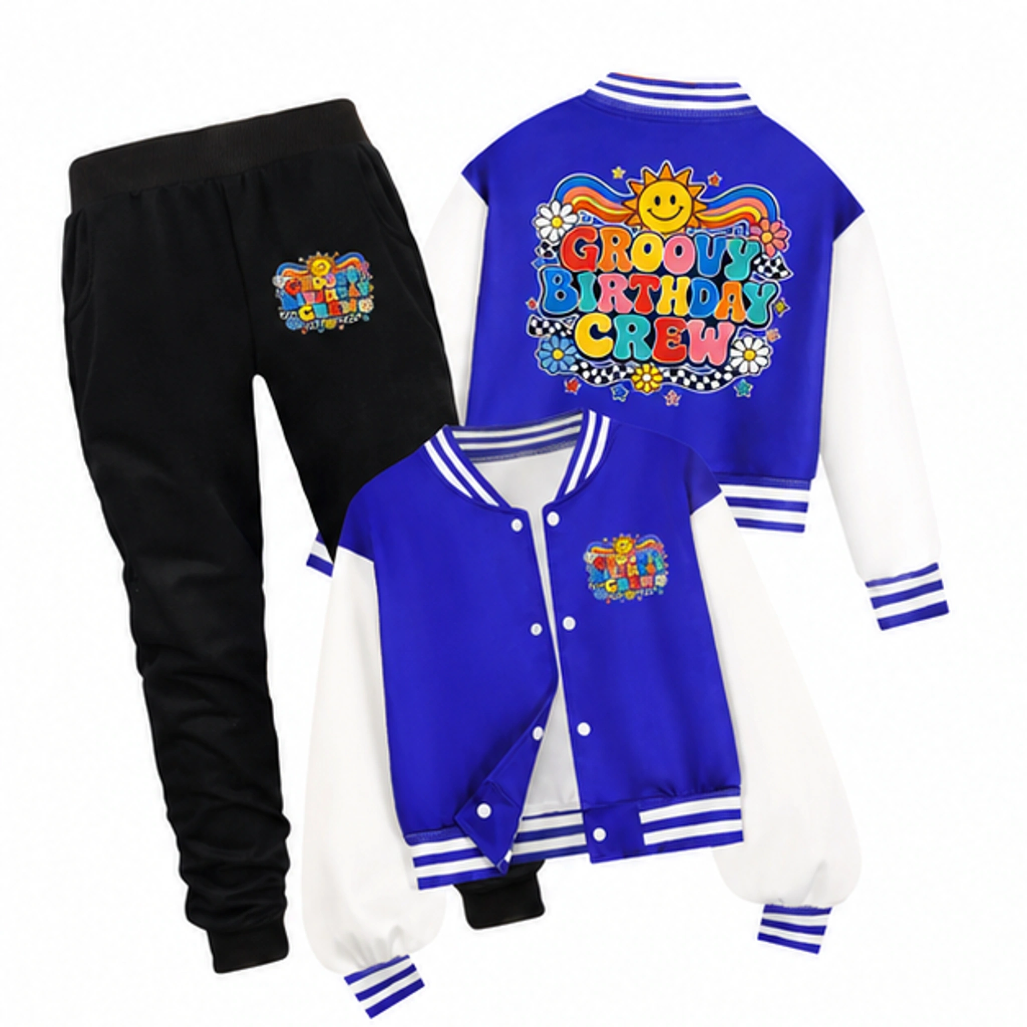 Groovy Birthday Crew Baseball Jacket and Pants Set for Kids in the selected color