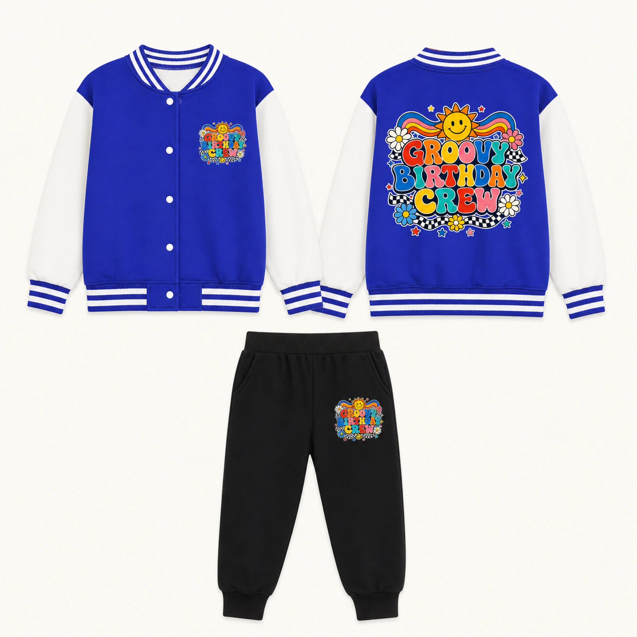 Groovy Birthday Crew Baseball Jacket and Pants Set for Kids product preview