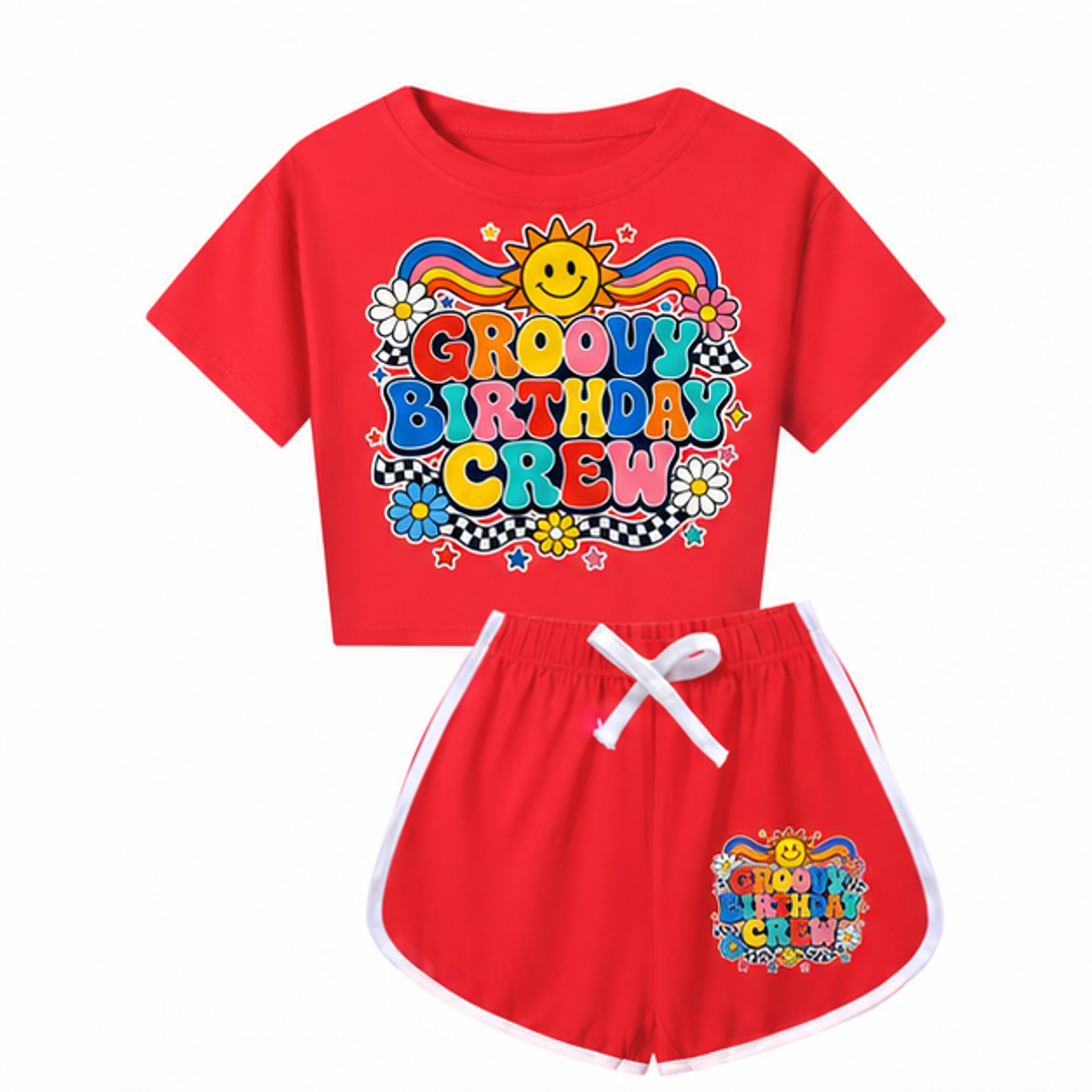 Groovy Birthday Crew Checker Short-Sleeve Top and Shorts Set for Kids in the selected color