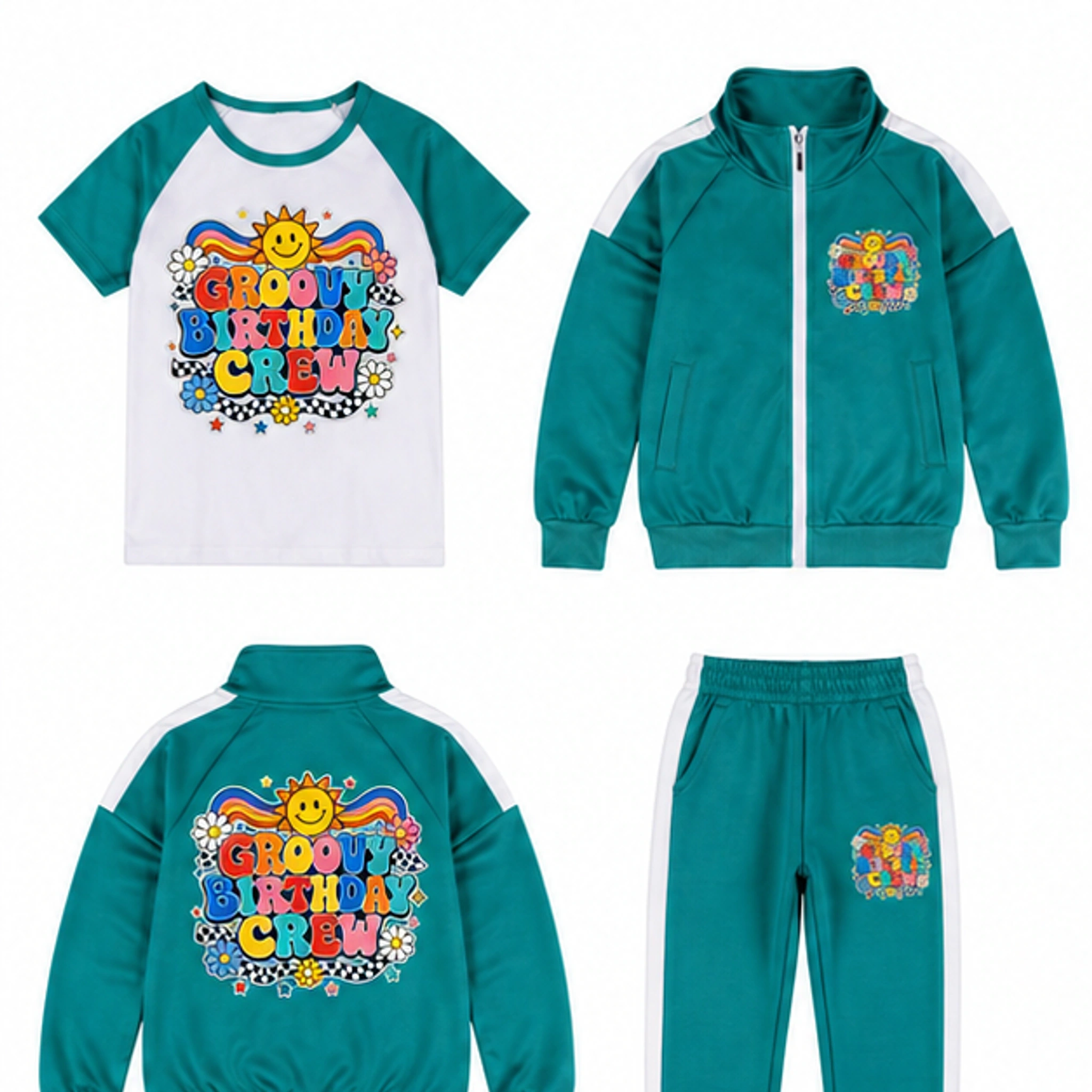 Groovy Birthday Crew Color-Block Three-Piece Tracksuit Set for Kids in the selected color