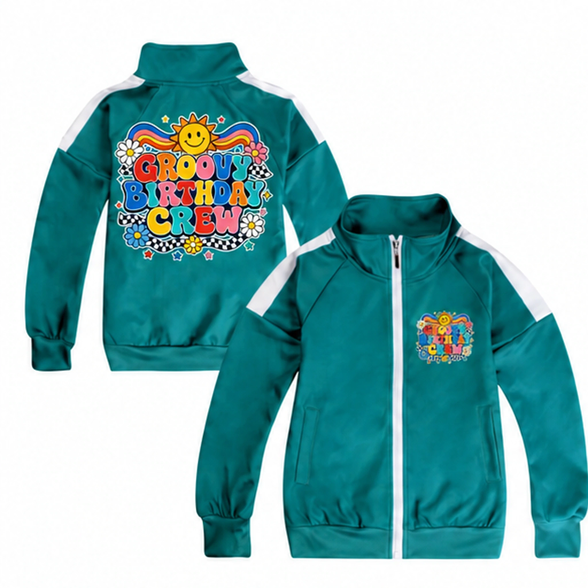 Groovy Birthday Crew Color-Block Zip Jacket for Kids in the selected color