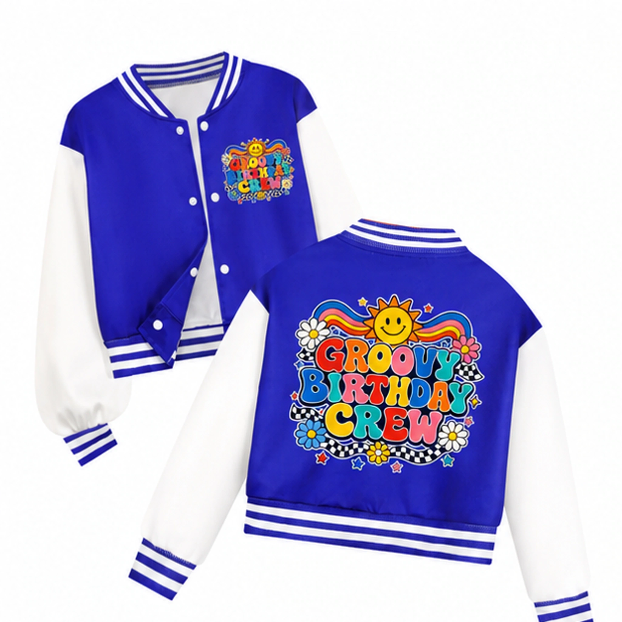 Groovy Birthday Crew Cropped Baseball Jacket for Kids in the selected color