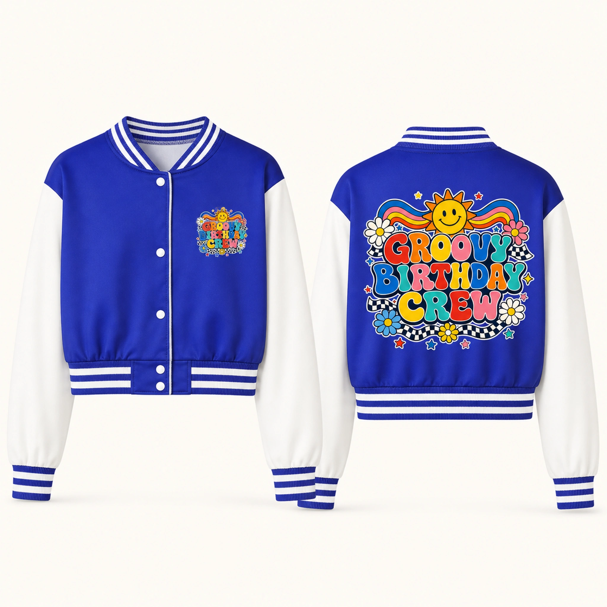 Groovy Birthday Crew Cropped Baseball Jacket for Kids product preview