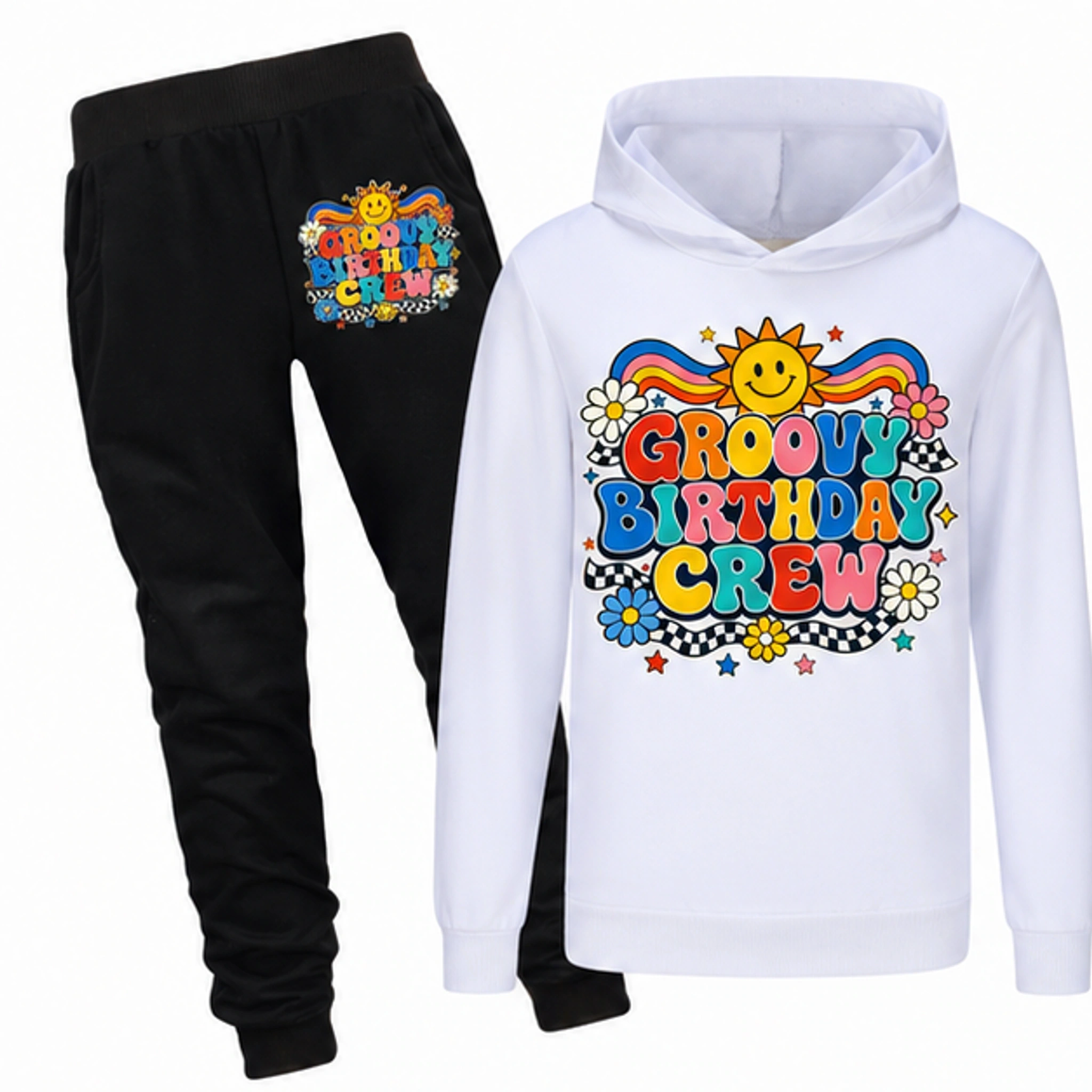 Groovy Birthday Crew Hoodie and Jogger Set for Kids in the selected color