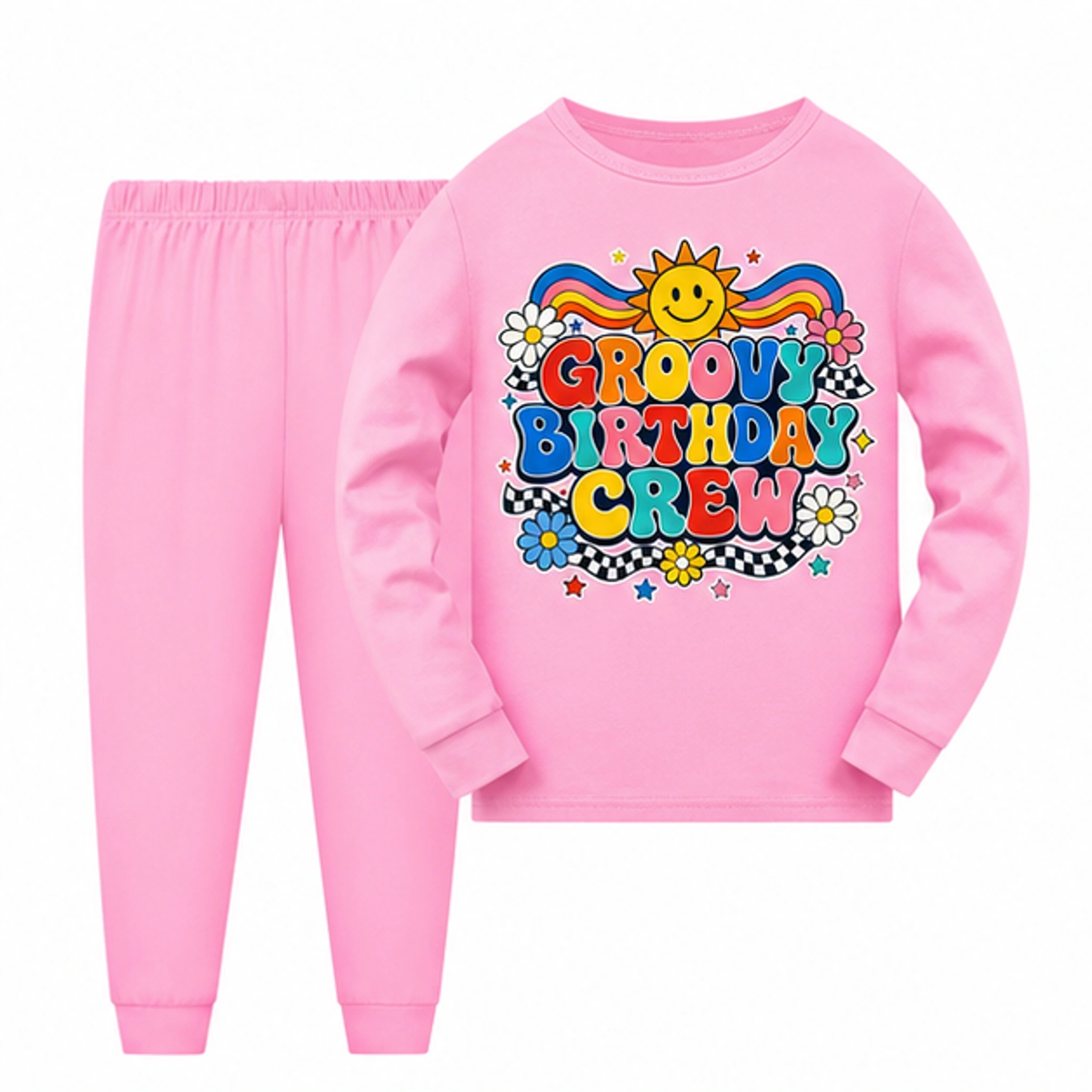 Groovy Birthday Crew Long Pajama Set for Kids in the selected color