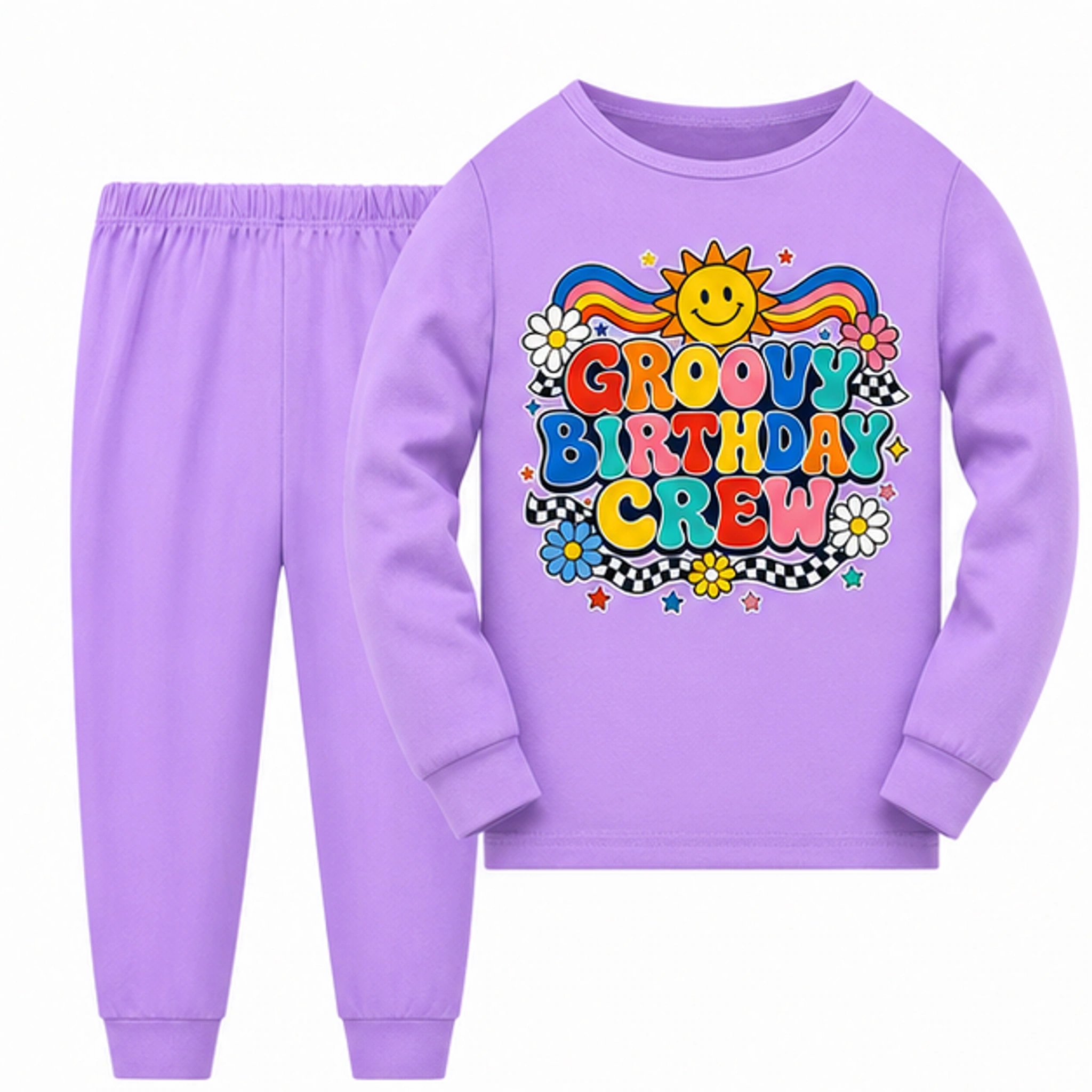 Groovy Birthday Crew Long-Sleeve Top and Pants Set for Kids in the selected color
