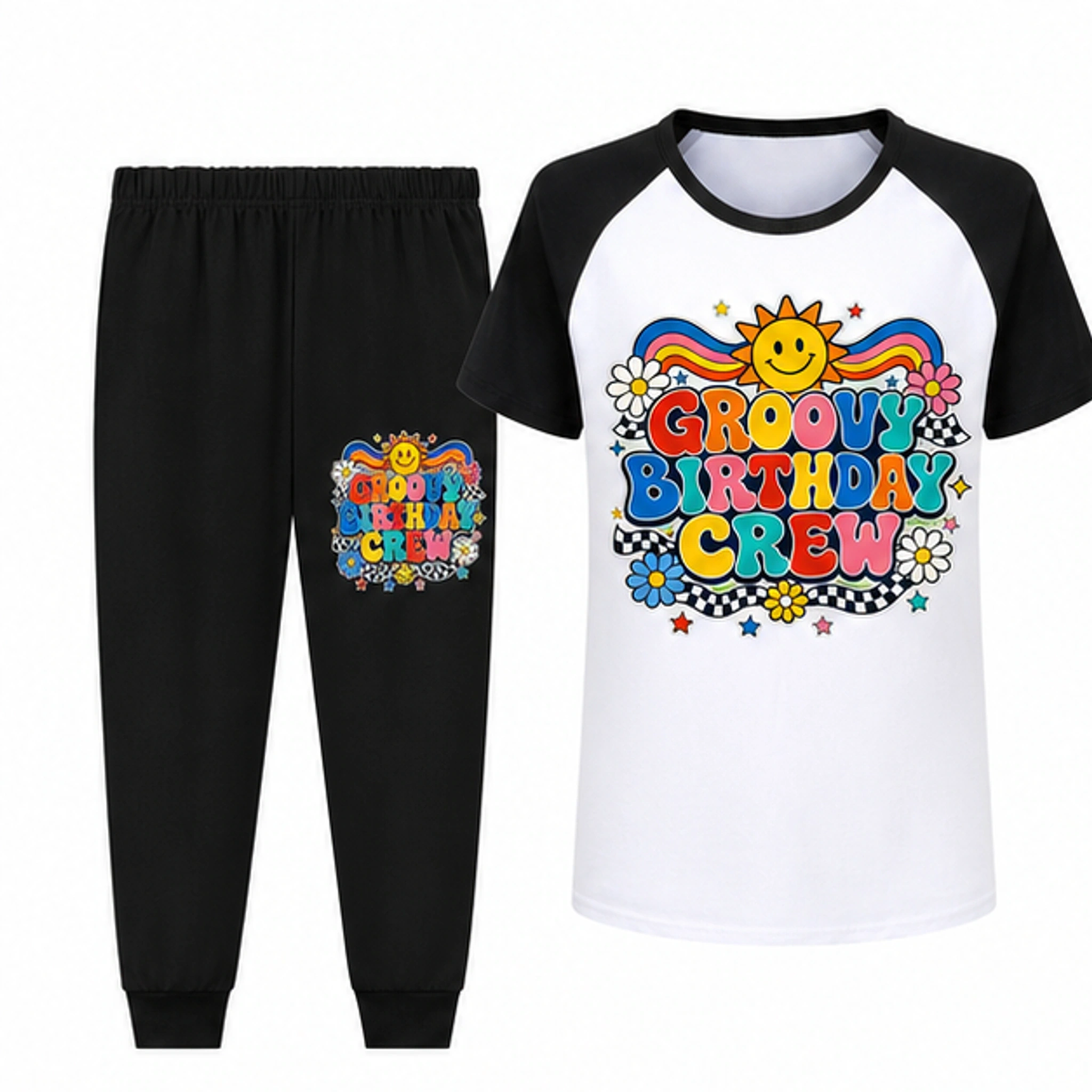 Groovy Birthday Crew Short-Sleeve Top and Long Pants Sports Set for Kids in the selected color