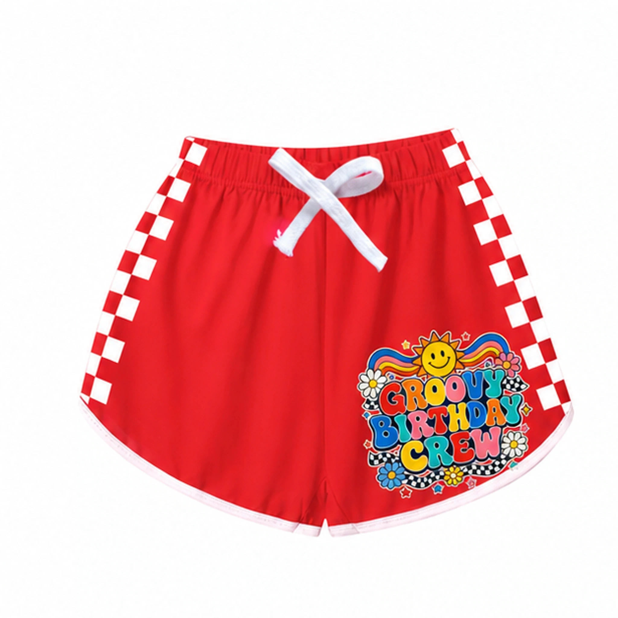 Groovy Birthday Crew Checker-Stripe Pajama Shorts for Kids in the selected color