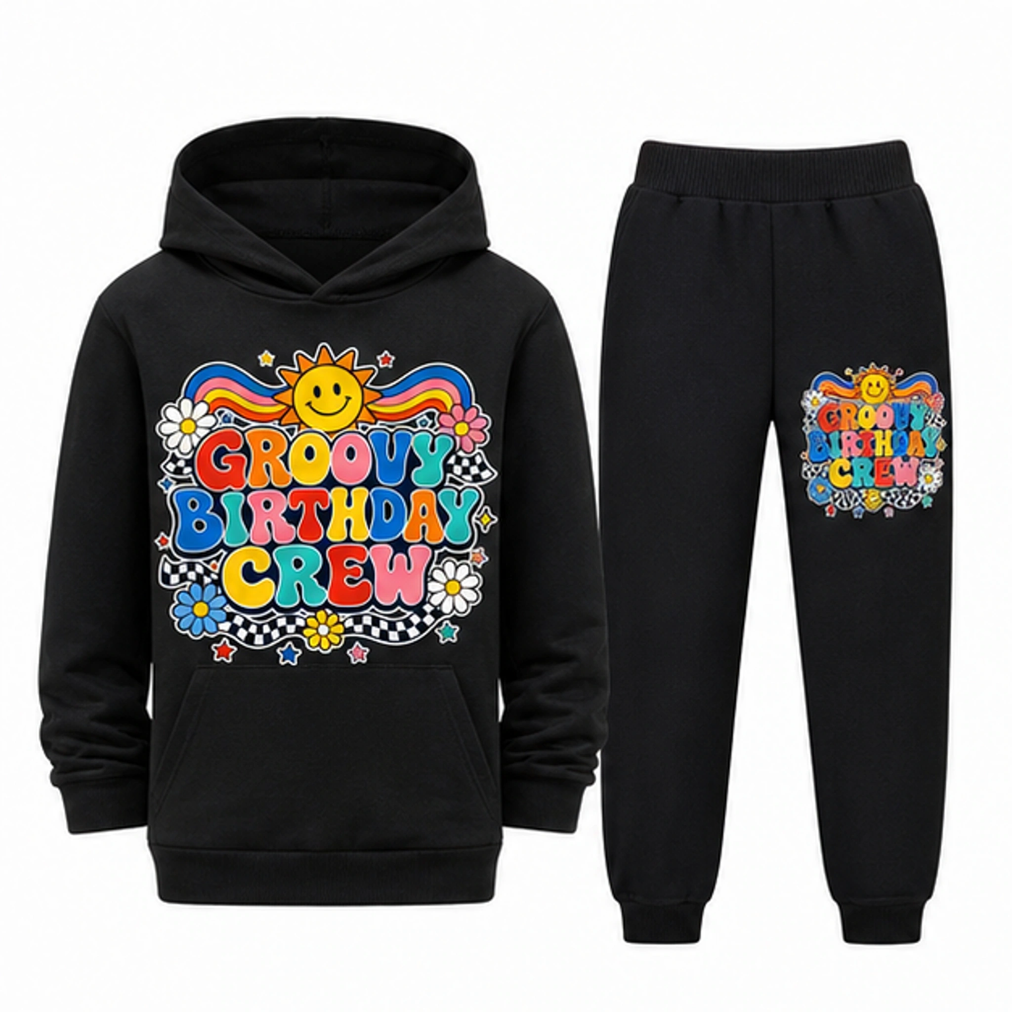 Groovy Birthday Crew Pullover Hoodie and Jogger Set for Kids in the selected color