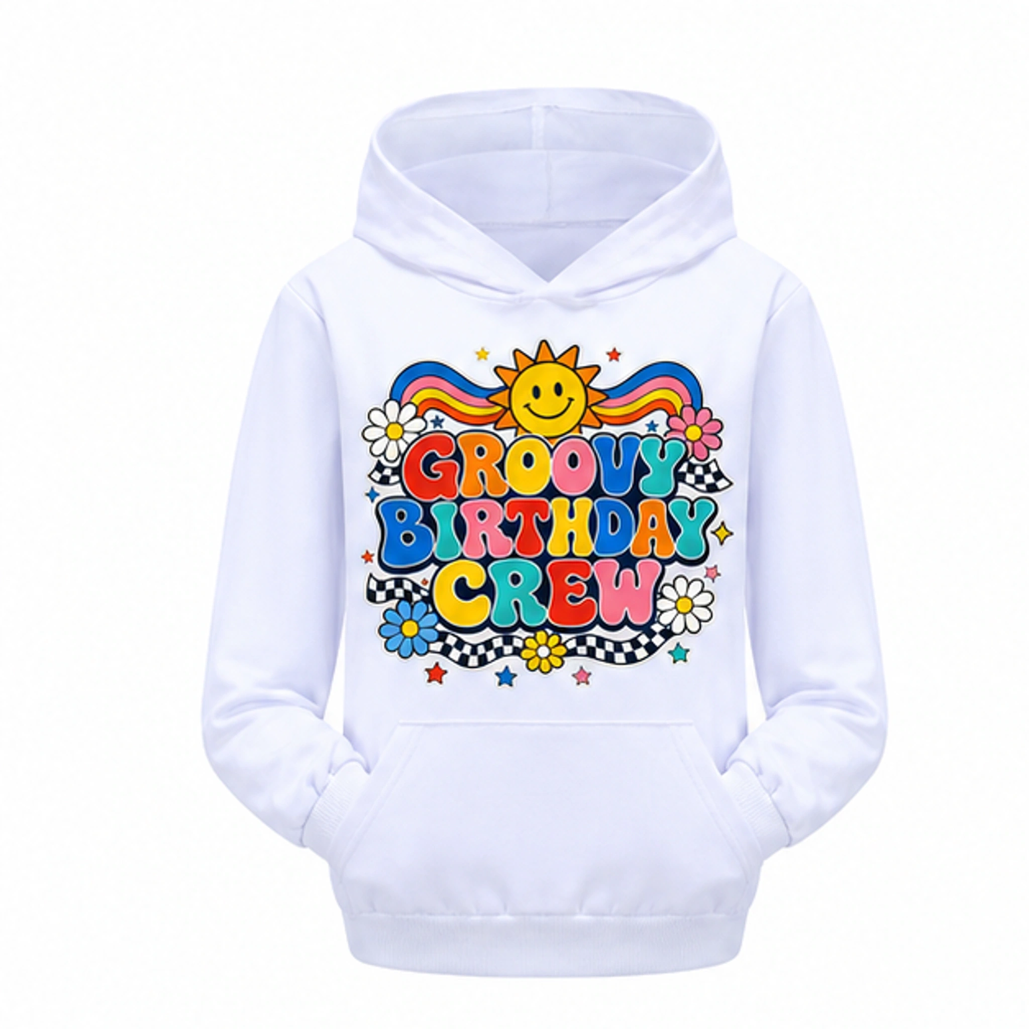Groovy Birthday Crew Pullover Hoodie for Kids in the selected color