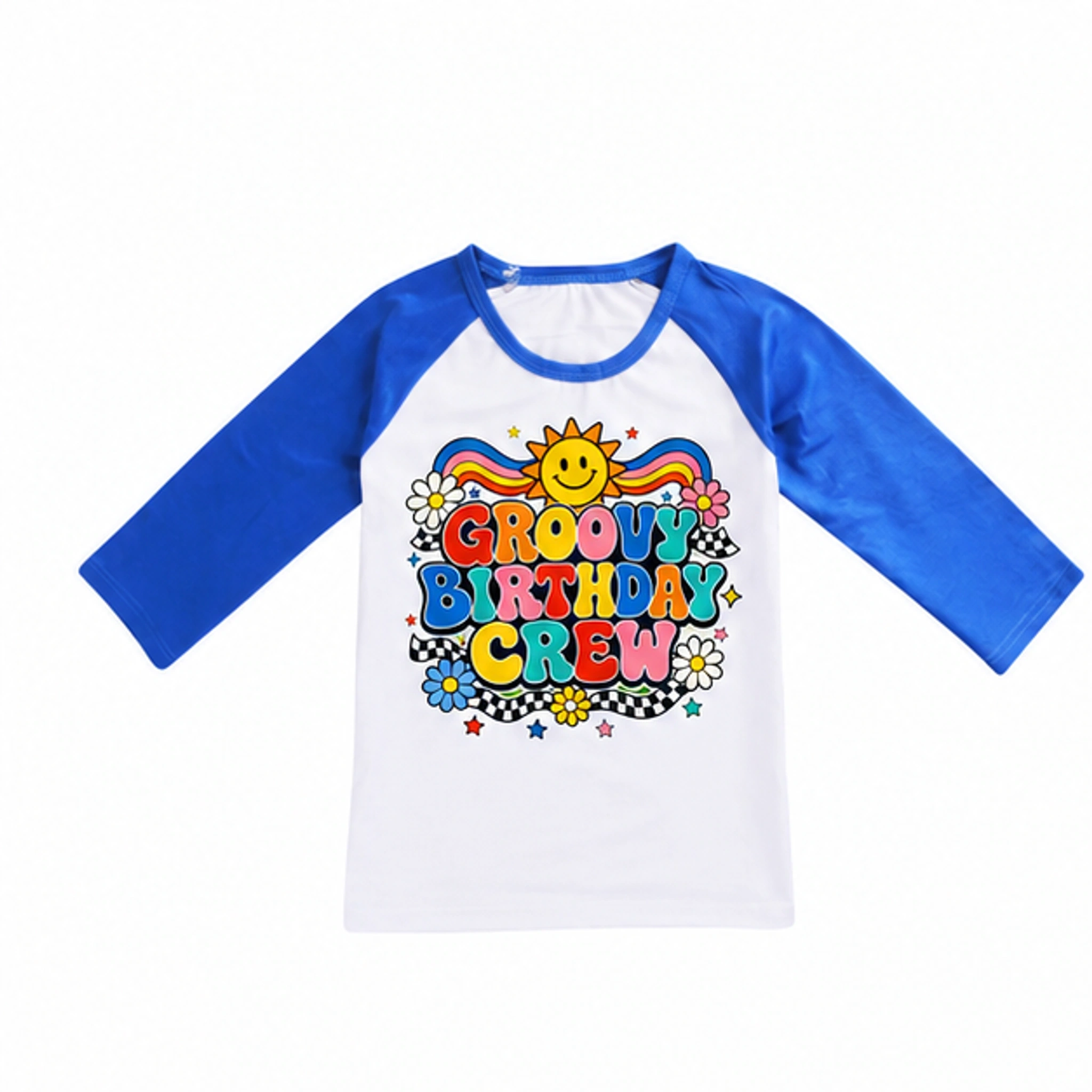 Groovy Birthday Crew Soft Three-Quarter-Sleeve Top — Alternate Style for Kids in the selected color