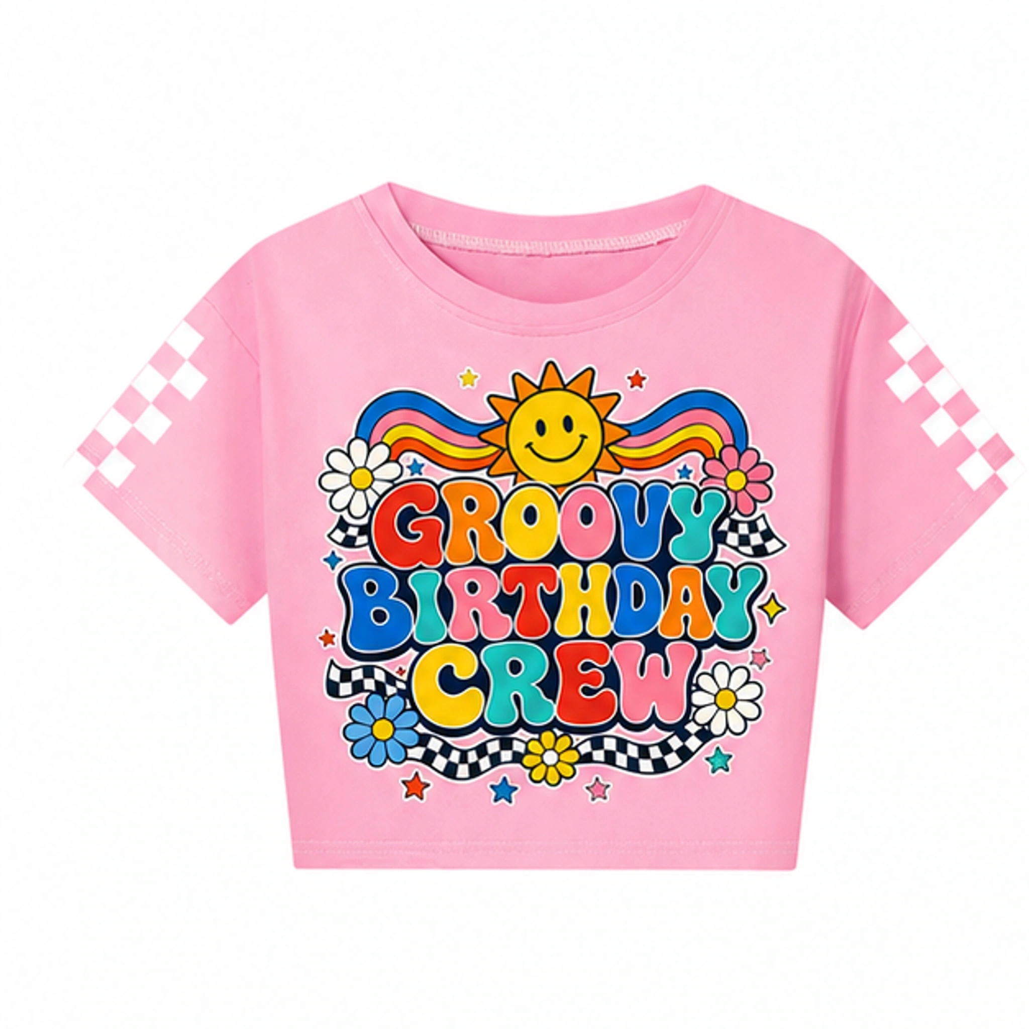 Groovy Birthday Crew Checker-Sleeve Cropped Short-Sleeve Top for Kids in the selected color