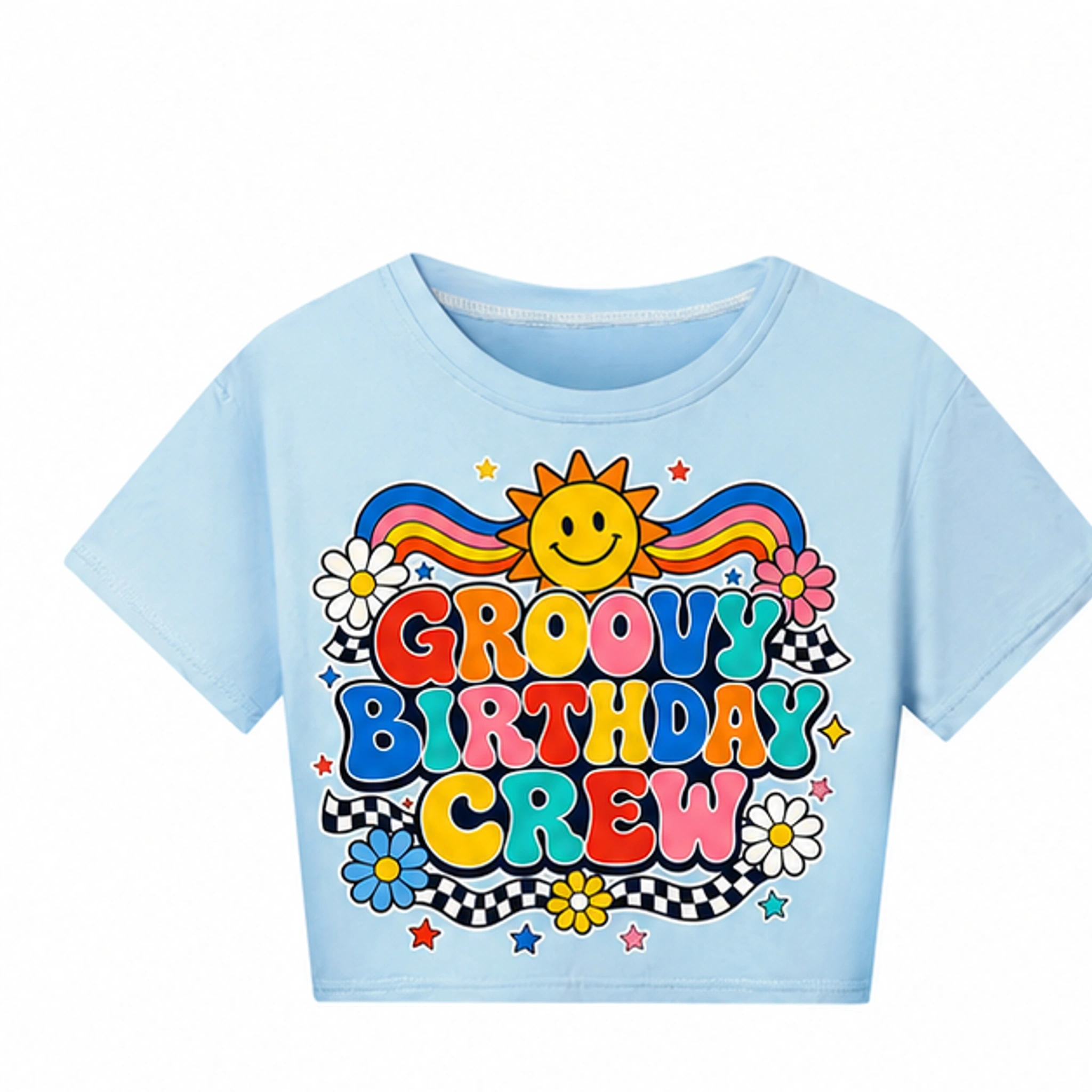 Groovy Birthday Crew Cropped Short-Sleeve Top for Kids in the selected color