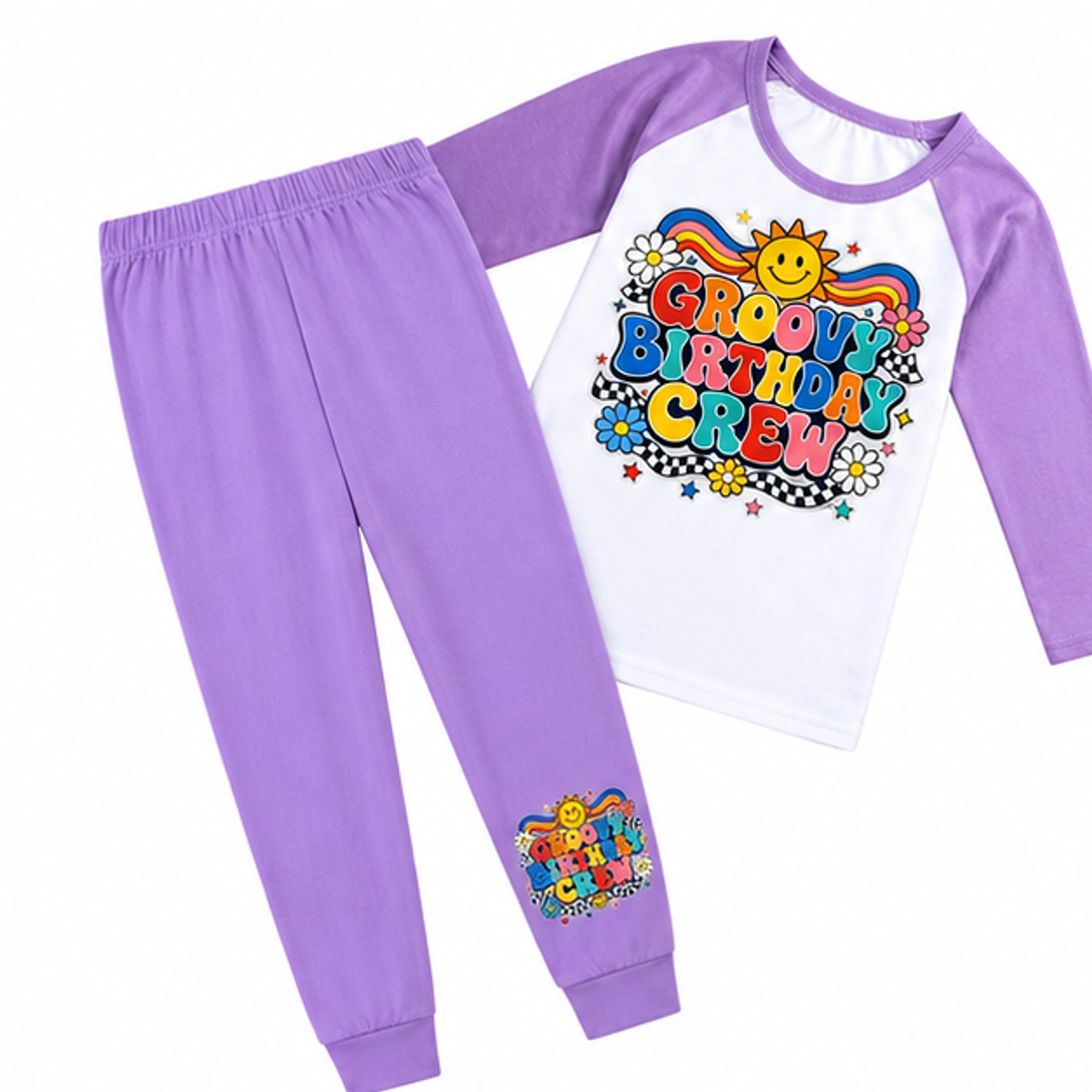 Groovy Birthday Crew Three-Quarter-Sleeve Raglan Top & Pants Set for Kids in the selected color