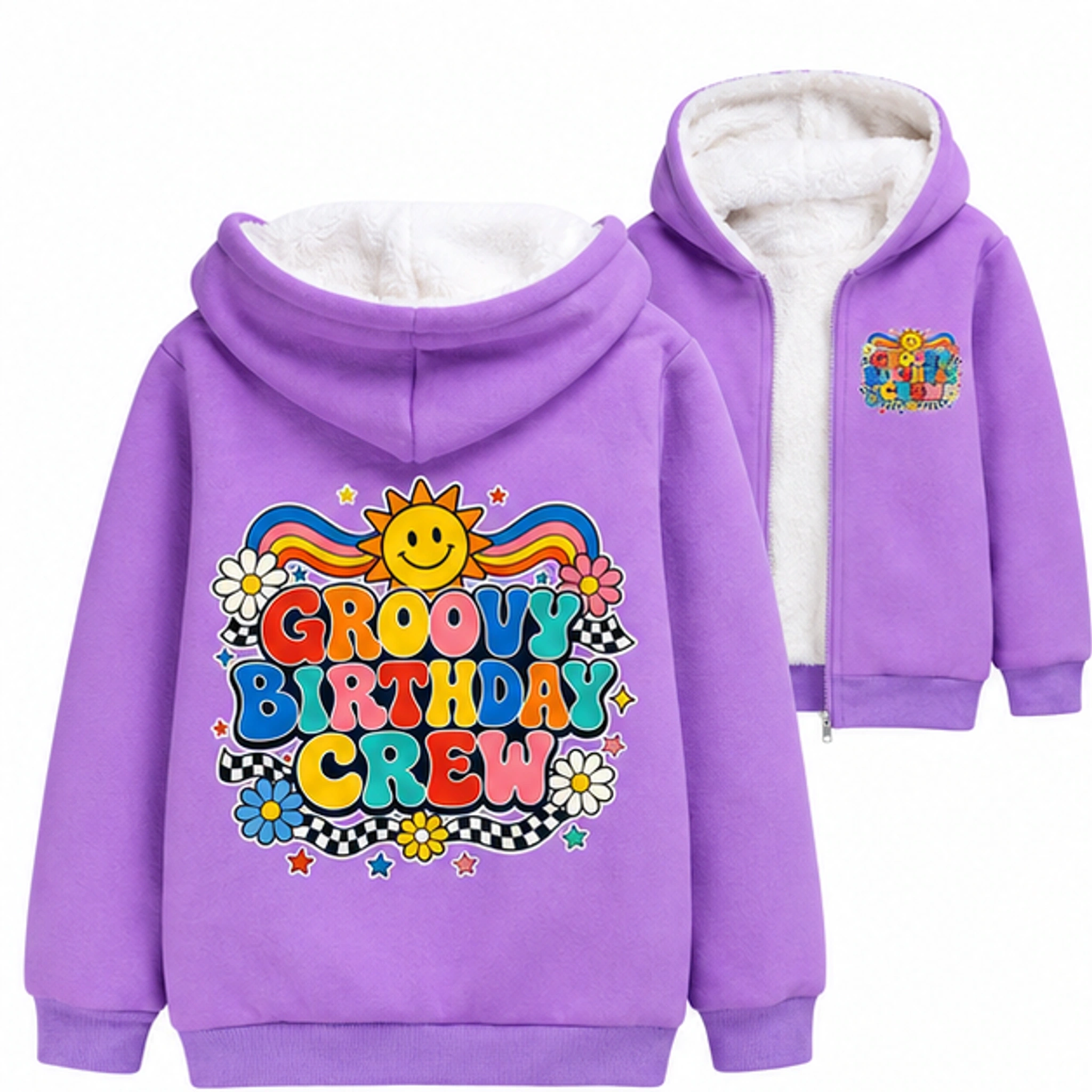 Groovy Birthday Crew Thick Zip Winter Jacket for Kids in the selected color