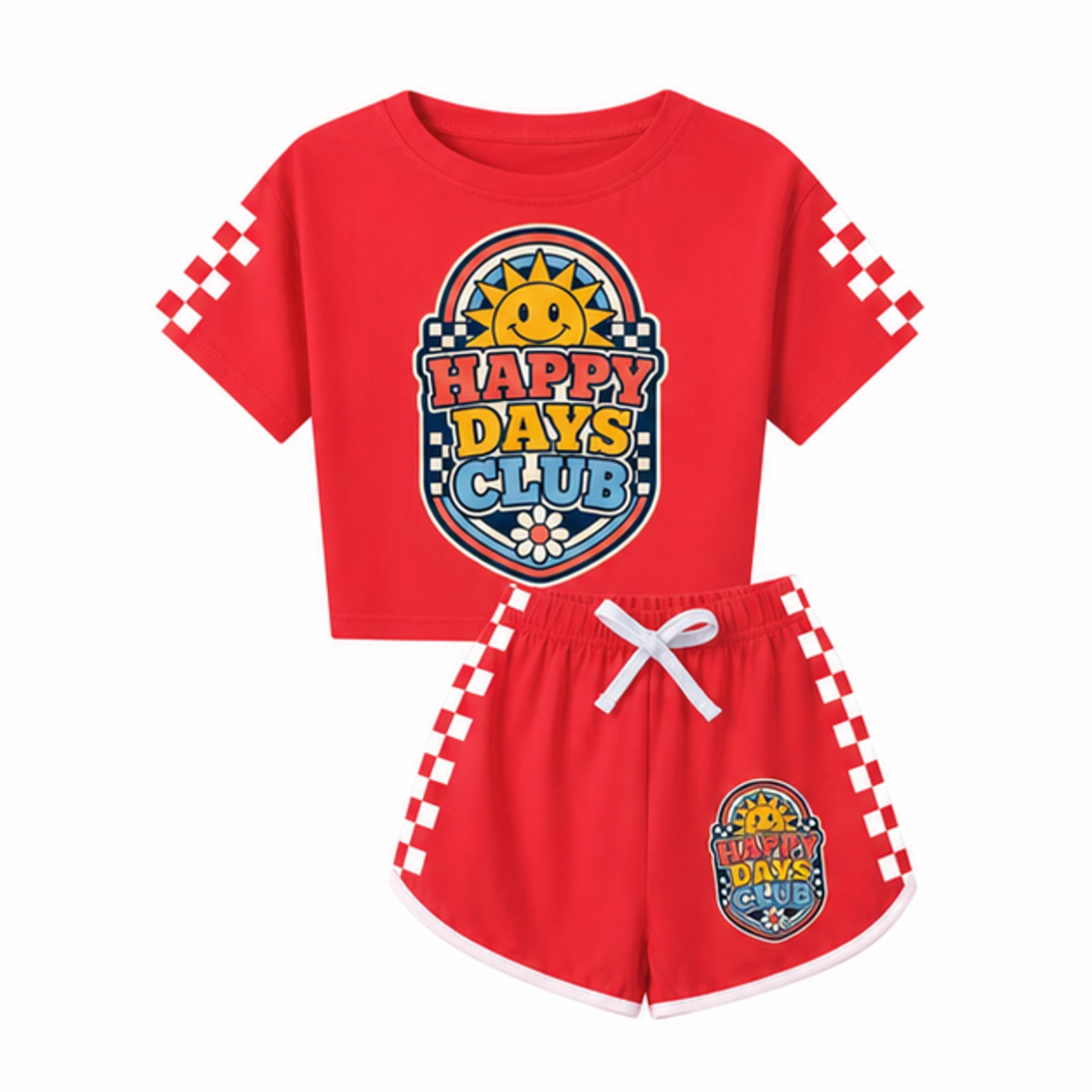 Red option for Happy Days Club Custom Family Checker Short-Sleeve Top and Shorts Set, AI-redrawn from the exact blank product and approved logo reference