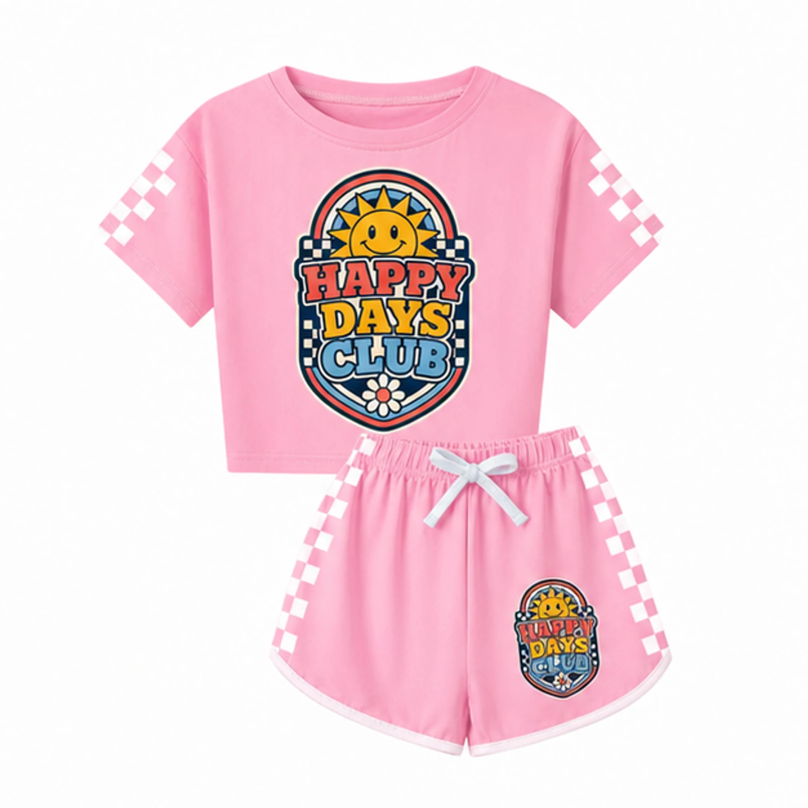 Happy Days Club Custom Family Checker Short-Sleeve Top and Shorts Set, AI-redrawn from the exact blank product and approved logo reference, alternate approved color view