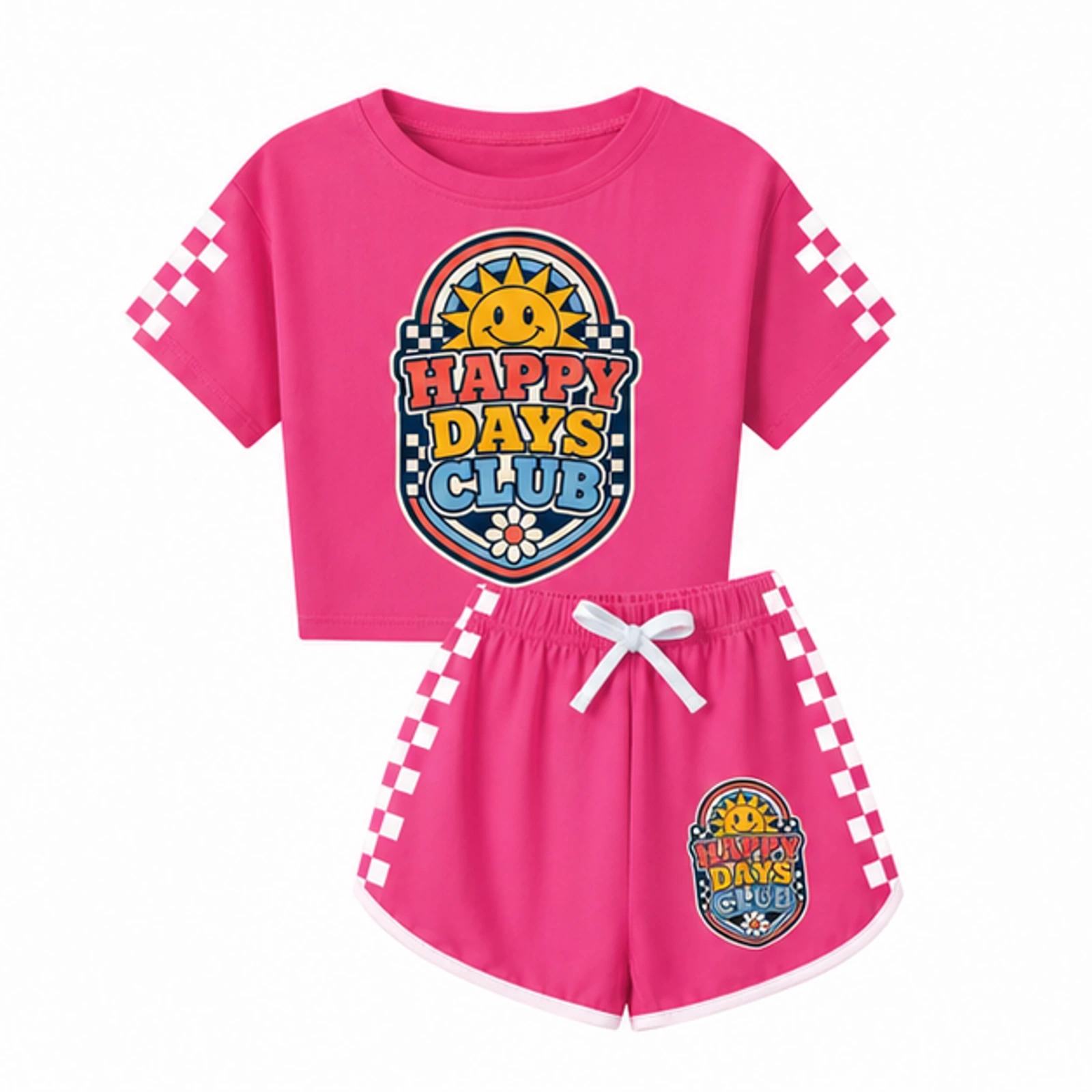 Happy Days Club Custom Family Checker Short-Sleeve Top and Shorts Set, AI-redrawn from the exact blank product and approved logo reference, alternate clean ecommerce view