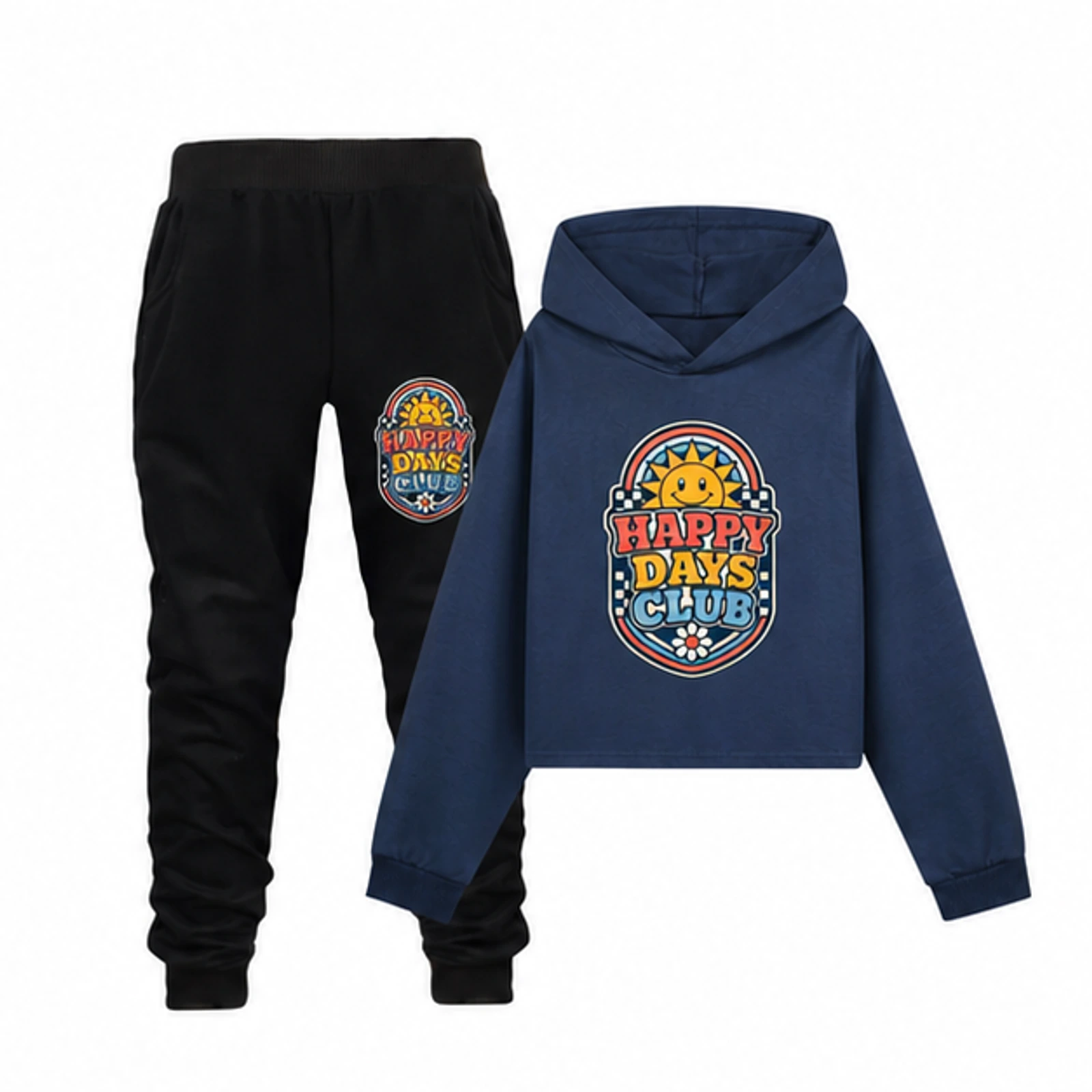Navy Blue · Set option for Happy Days Club Custom Girls Cropped Hoodie and Pants Set, AI-redrawn from the exact blank product and approved logo reference