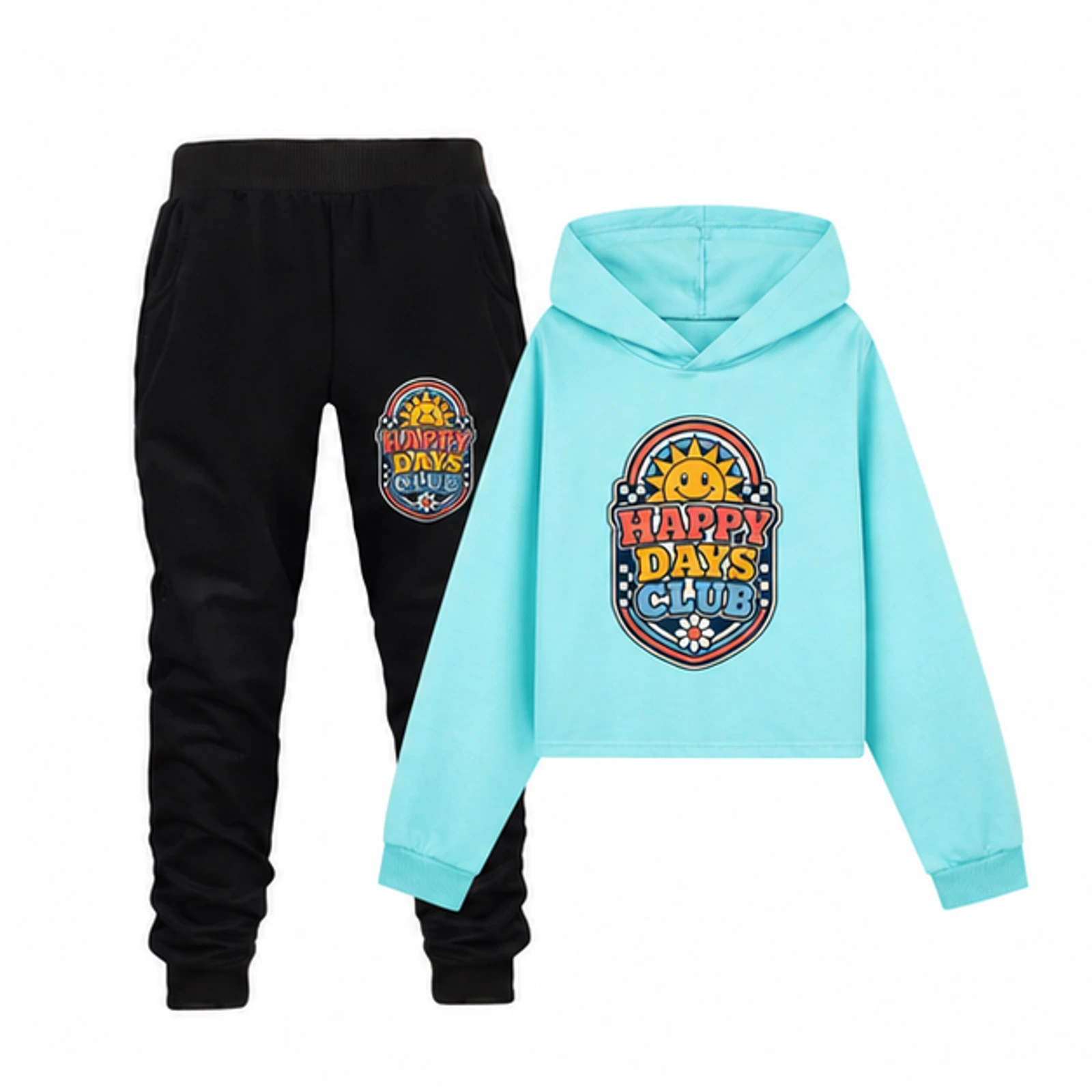 Happy Days Club Custom Girls Cropped Hoodie and Pants Set, AI-redrawn from the exact blank product and approved logo reference, alternate clean ecommerce view
