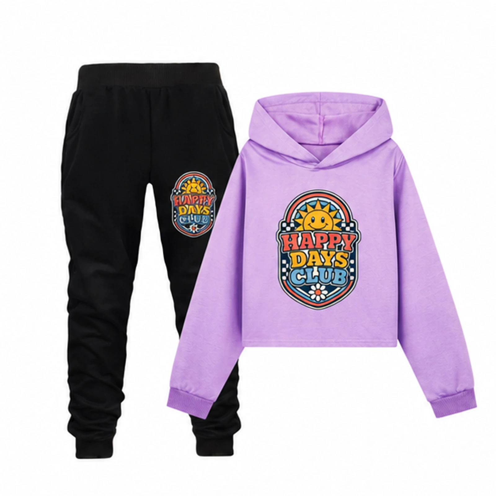 Happy Days Club Custom Girls Cropped Hoodie and Pants Set, AI-redrawn from the exact blank product and approved logo reference