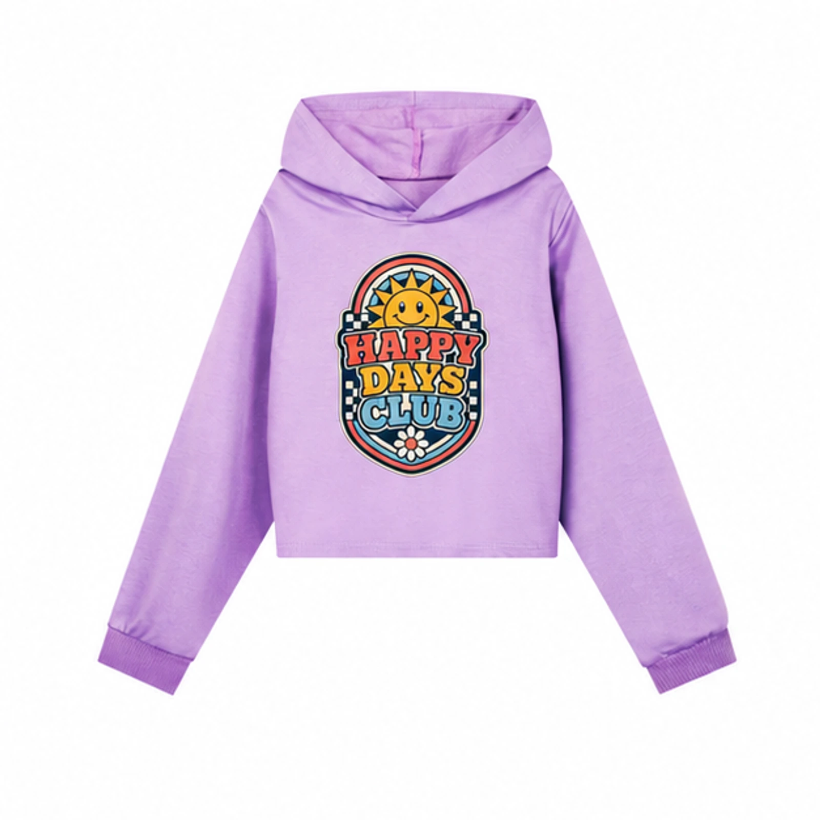 Purple option for Happy Days Club Custom Girls Cropped Hoodie, AI-redrawn from the exact blank product and approved logo reference