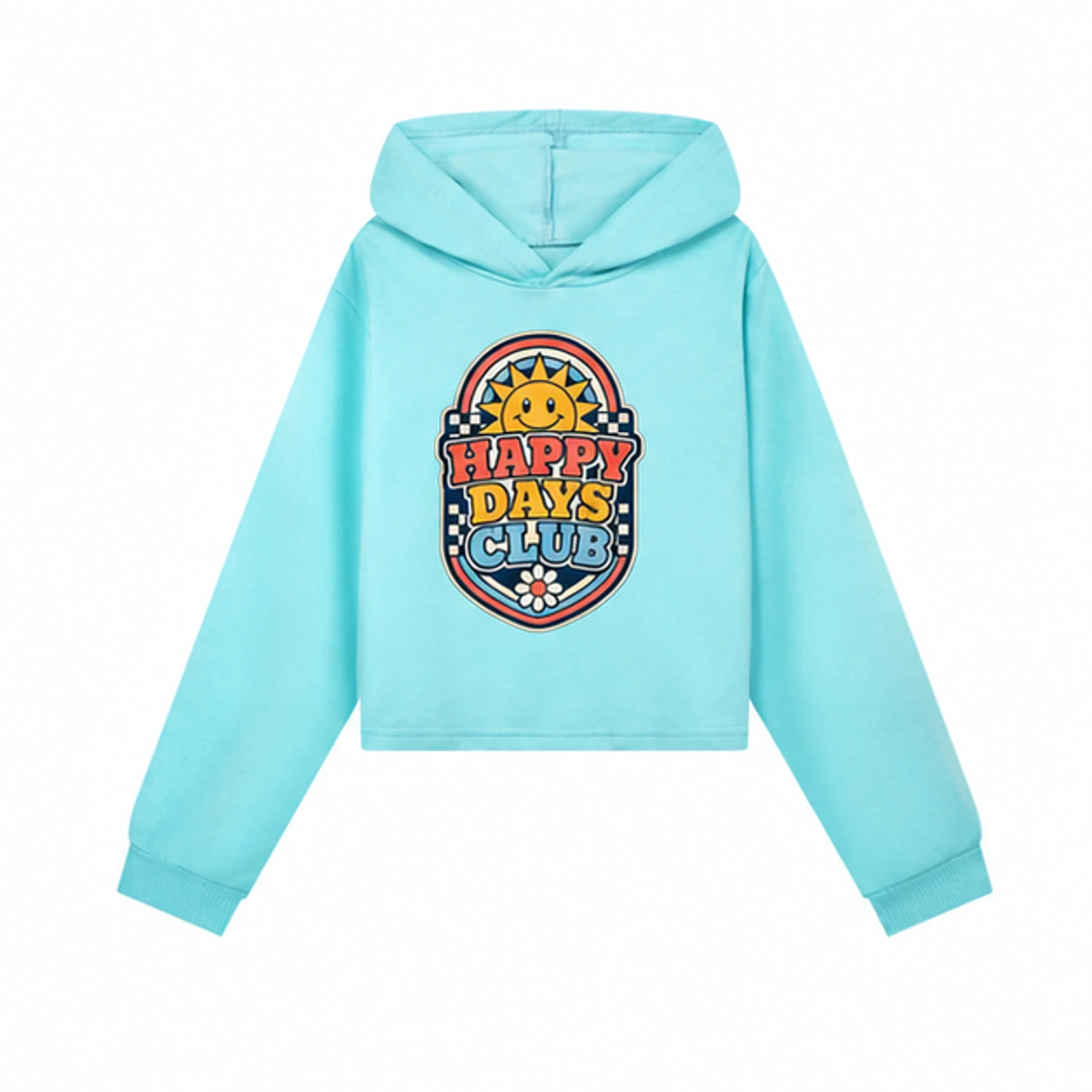 Blue option for Happy Days Club Custom Girls Cropped Hoodie, AI-redrawn from the exact blank product and approved logo reference