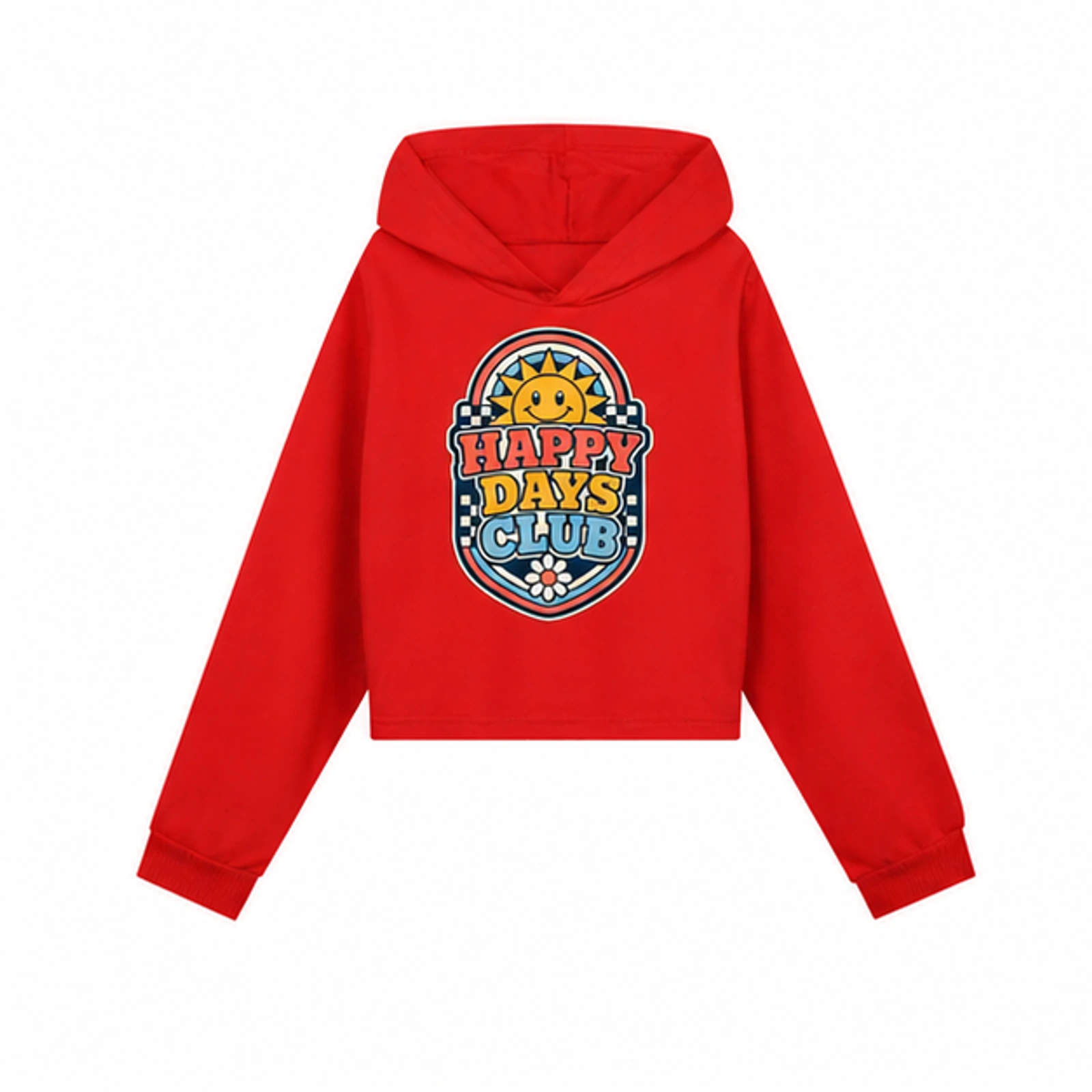Happy Days Club Custom Girls Cropped Hoodie, AI-redrawn from the exact blank product and approved logo reference, alternate clean ecommerce view