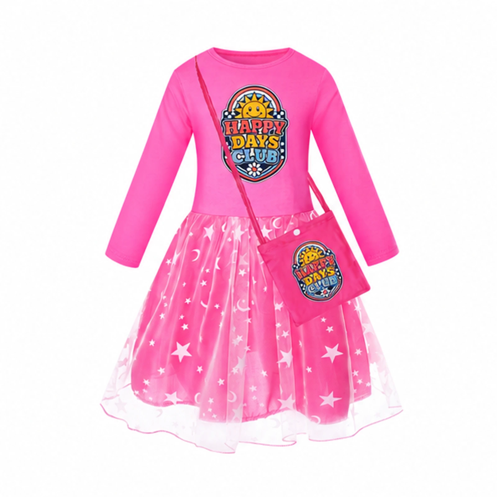 Rose Red · Long Star Skirt · with Bag option for Happy Days Club Custom Girls Long Tulle and Star Skirt Styles with Bag, AI-redrawn from the exact blank product and approved logo reference