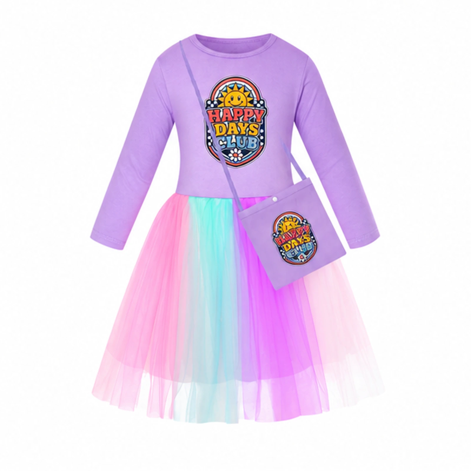 Happy Days Club Custom Girls Long Tulle and Star Skirt Styles with Bag, AI-redrawn from the exact blank product and approved logo reference, alternate clean ecommerce view