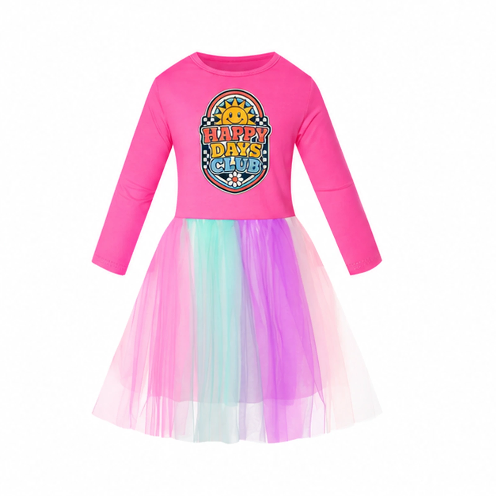 Happy Days Club Custom Girls Long Tulle and Star Skirt Styles, AI-redrawn from the exact blank product and approved logo reference, alternate clean ecommerce view