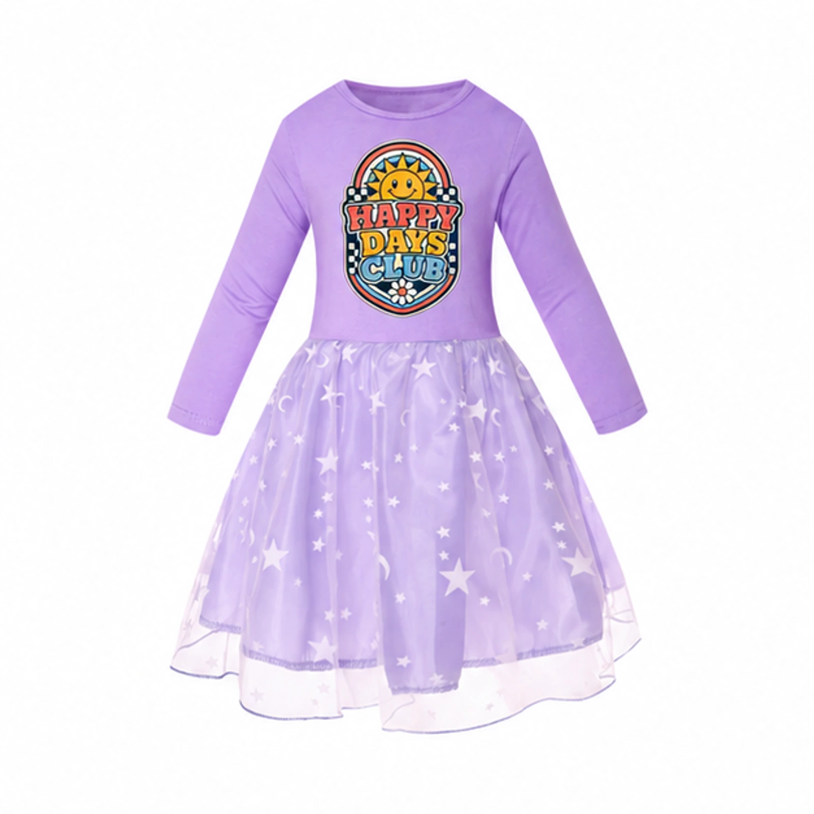 Happy Days Club Custom Girls Long Tulle and Star Skirt Styles, AI-redrawn from the exact blank product and approved logo reference