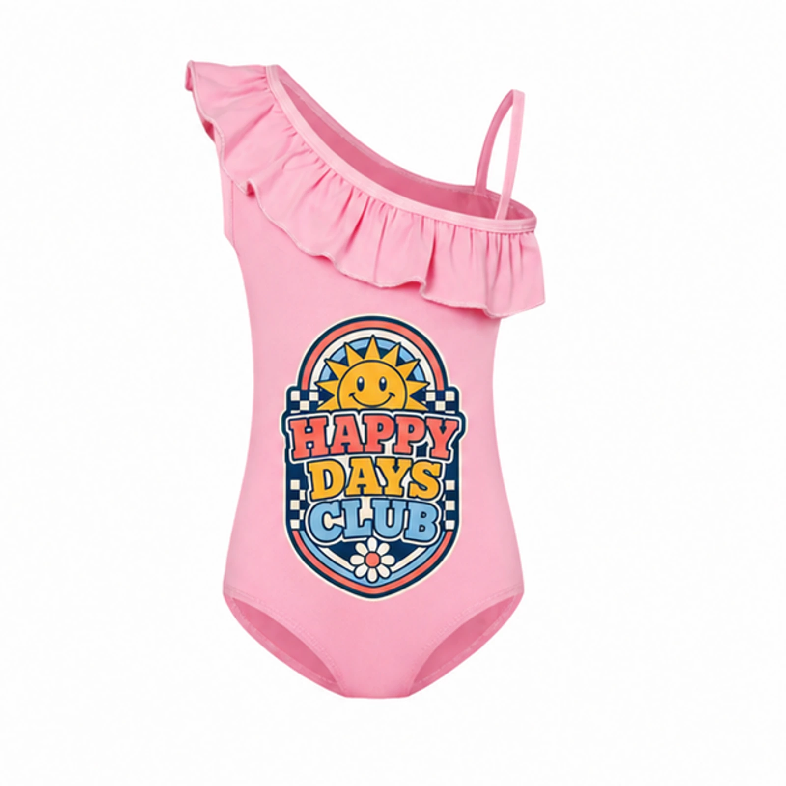 Happy Days Club Custom Girls Asymmetric-Ruffle One-Piece Swimsuit, AI-redrawn from the exact blank product and approved logo reference, alternate approved color view
