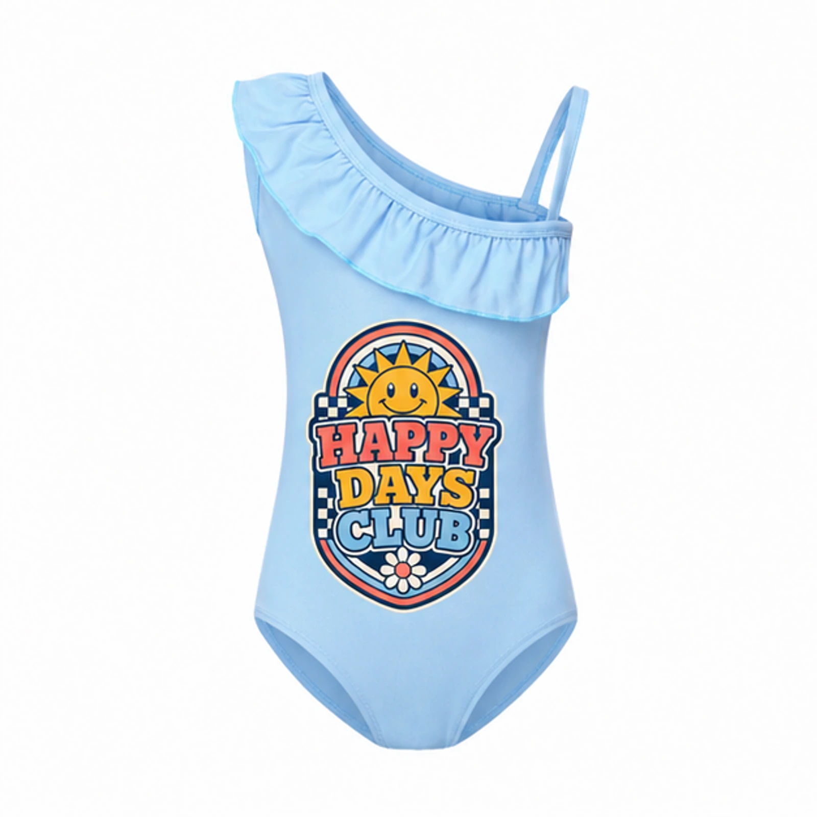 Happy Days Club Custom Girls Asymmetric-Ruffle One-Piece Swimsuit, AI-redrawn from the exact blank product and approved logo reference, alternate clean ecommerce view