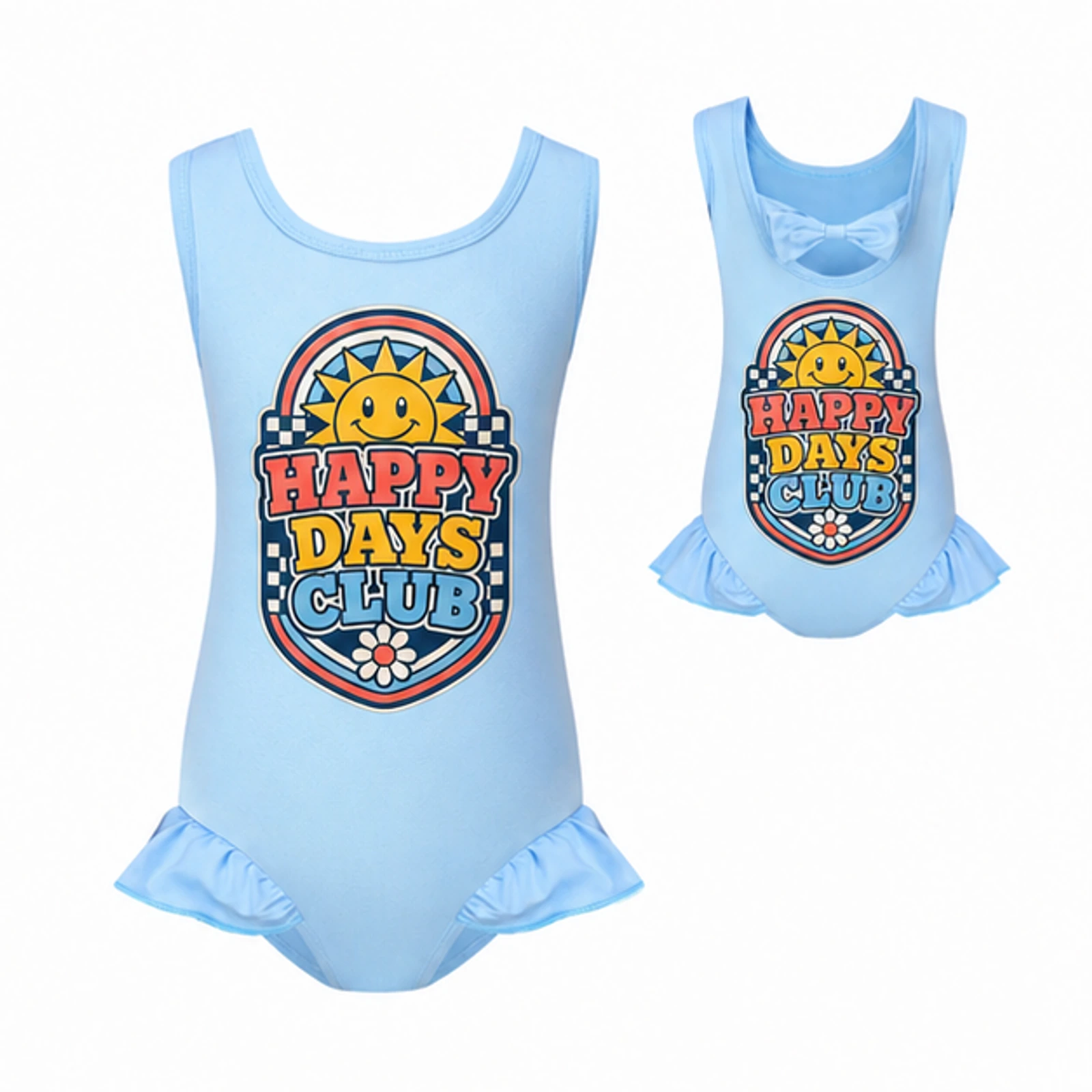 Happy Days Club Custom Girls Wide-Strap Bow-Back One-Piece Swimsuit, AI-redrawn from the exact blank product and approved logo reference, alternate approved color view