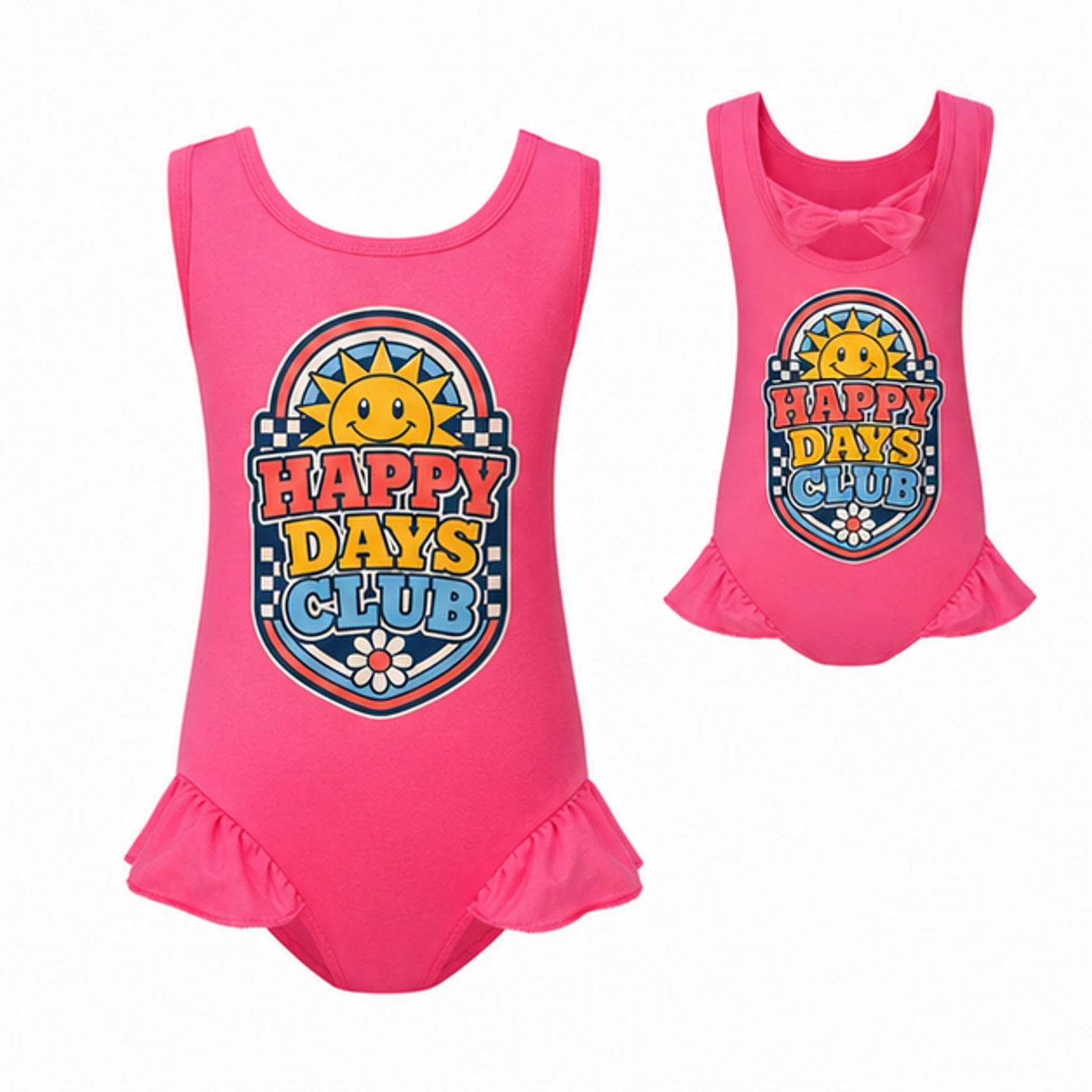 Happy Days Club Custom Girls Wide-Strap Bow-Back One-Piece Swimsuit, AI-redrawn from the exact blank product and approved logo reference, alternate clean ecommerce view